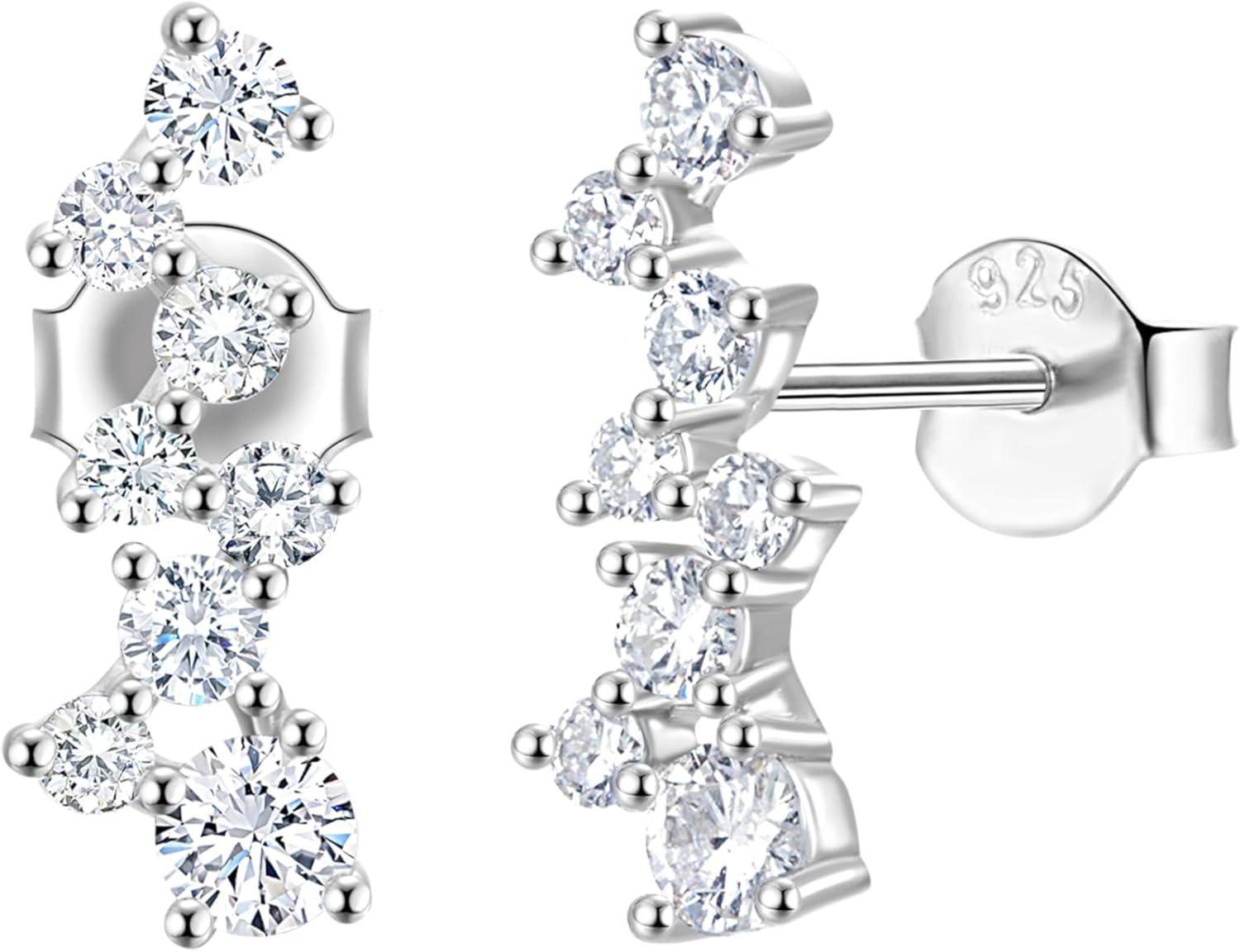 S925 Silver Lab Grown Diamond Earrings, Star Track Design, Embedded with 16 White and Blue diamonds, Women's Personalized Earrings
