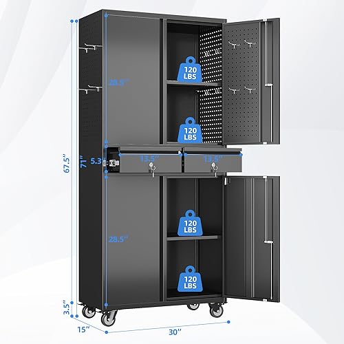 Miniatura 140 de Armario de almacenamiento de garaje con ruedas, gabinete de herramientas de metal de 35.43 pulgadas de alto con tablero de clavijas y 4 ganchos