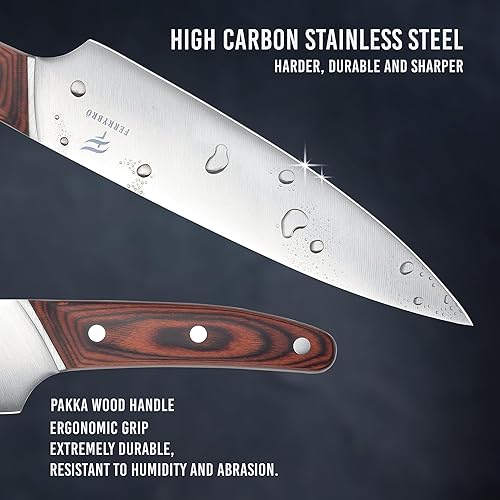 Miniatura 4 de FERRYBRÖ Cuchillo de chef con afilador, cuchillo de chef profesional de estilo japonés de 8 pulgadas con mango ergonómico de madera Pakka, juego de