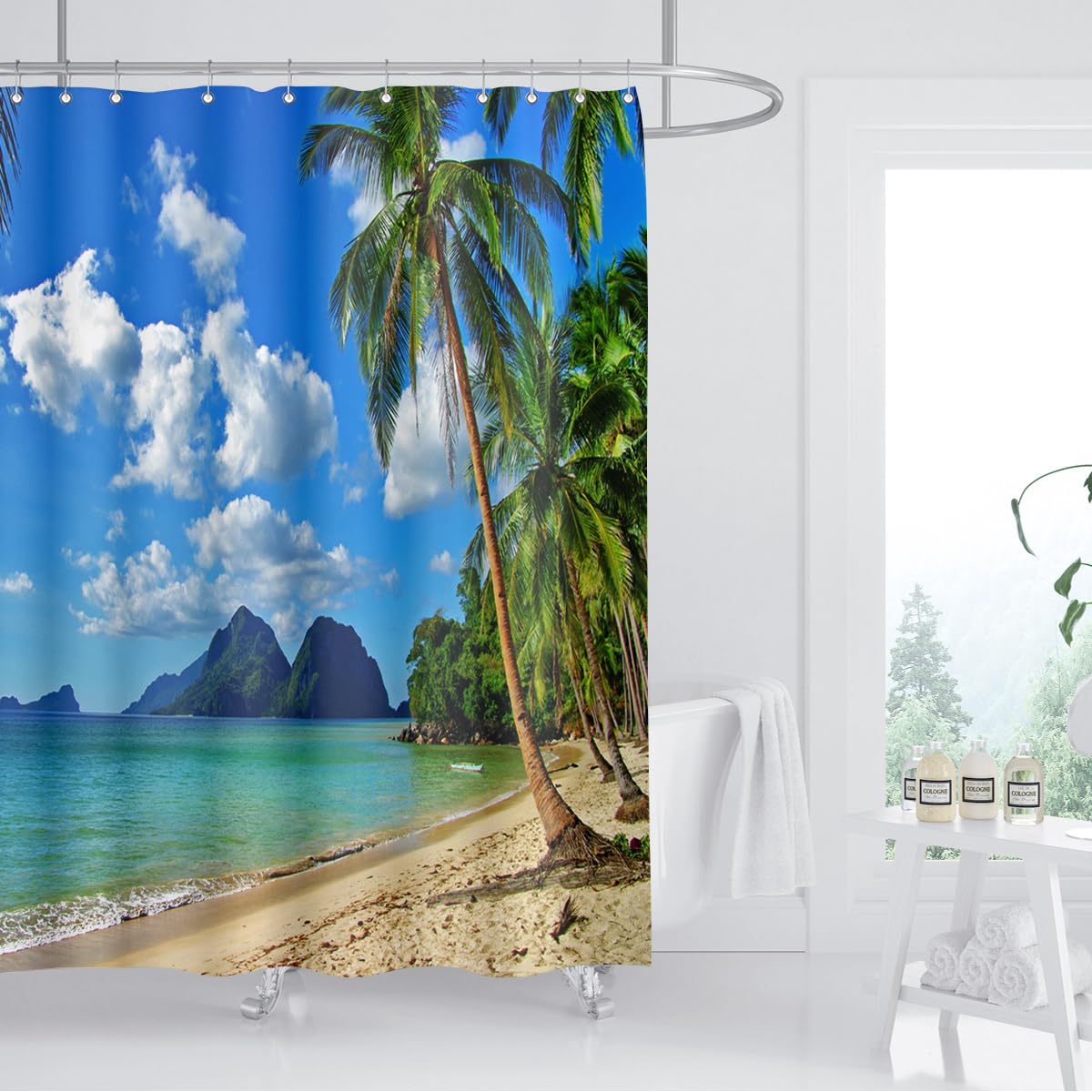 Rideau De Douche Plage Tropicale 140x265 Cm - Motif Palmiers & Mer, Imperméable, Anti-Moisissure - Avec Crochets