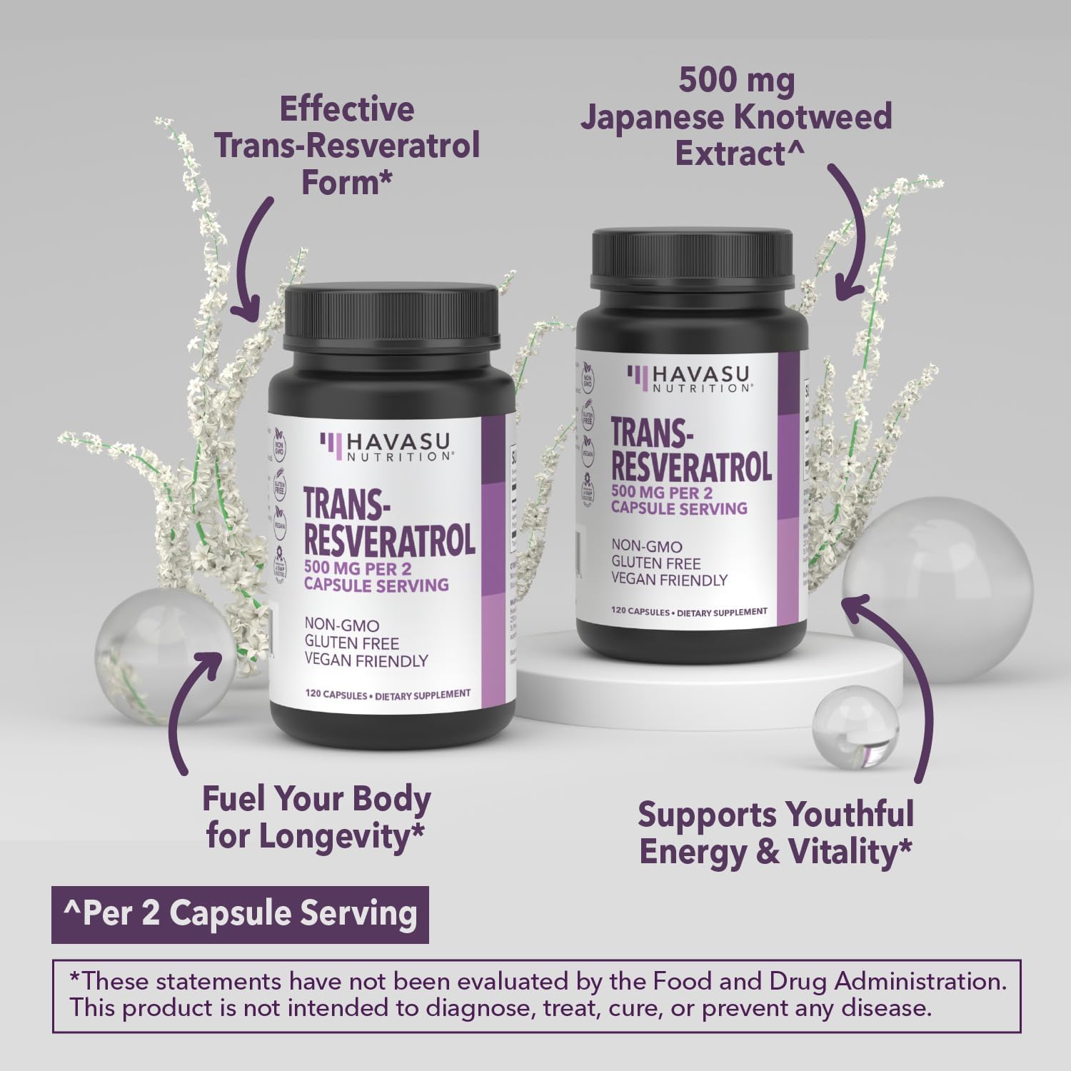 Resveratrol 500mg Per Serving - Trans-Resveratrol Supplement from Japanese Knotweed Root - Vegan, Non-GMO, Gluten Free - 120 Capsules - Supports Longevity, Cellular Health, and Vitality - 60 Servings