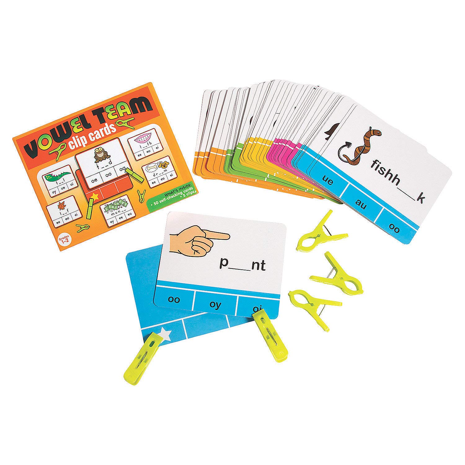 Fun Express Vowel Team Clip Cards - 56 Pieces - Educational and Learning Activities for Kids