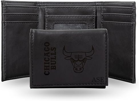 Rico Industries NBA Basketball Chicago Bulls Black Personalized-Custom Laser Engraved Faux Leather Tri-fold Wallet - Slim Wallet