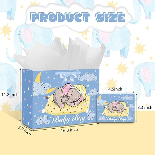 Miniatura 3 de TeeFity 2 bolsas de regalo para baby shower, juego de bolsas de regalo extra grandes para bebé, papel de regalo azul bebé con papel de seda y