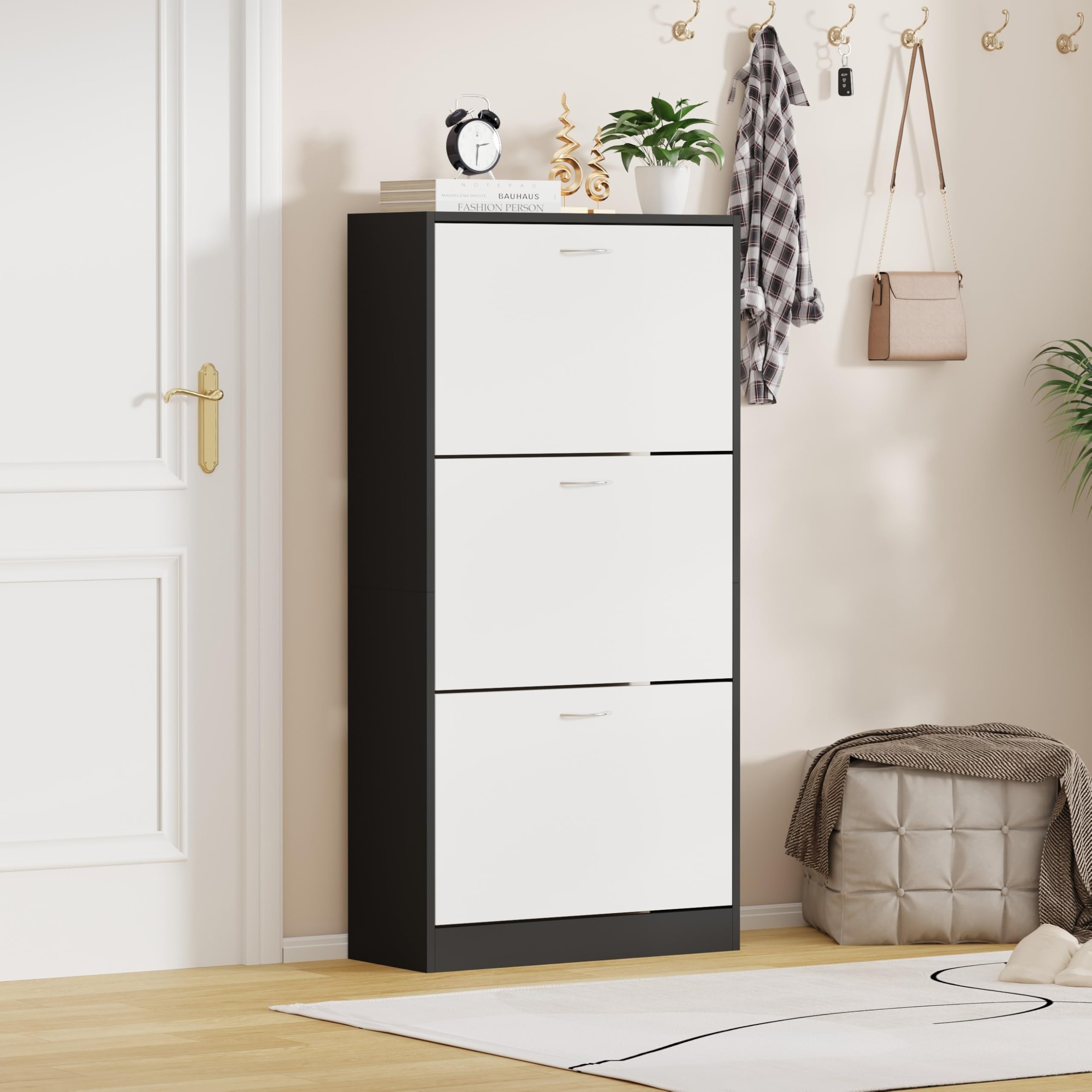 AVC Designs 3 Drawer Grey White Pine Shoe Storage Cabinet Cupboard Rack Space (Grey & White)