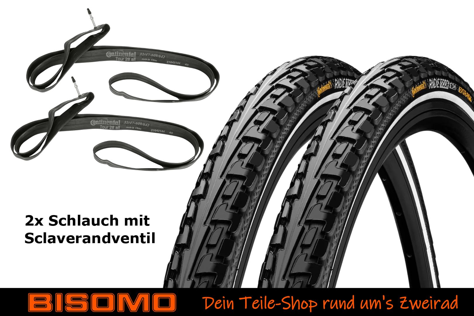 2X Fahrradreifen Continental Ride Tour 1.60 x 28 Zoll, 42-622, Pannengürtel Puncture Belt + Schlauch AV/DV/SV Ventil oder ohne, auch E-Bike bis 25km/h