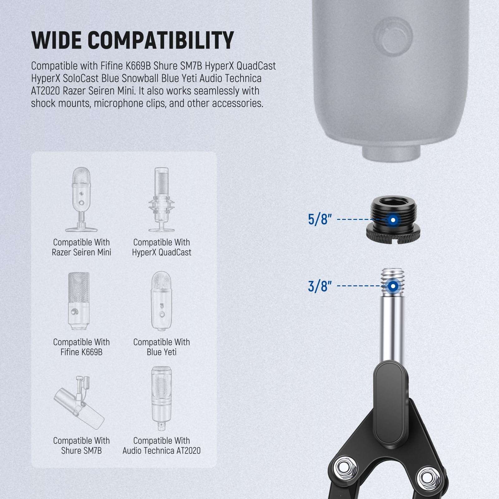 NEEWER Kit Accessori per Estensione di Supporto Mic (6 Pezzi), Tubi di Prolunga per Asta Microfono in Lega Alluminio e Adattatori da 5/8" Maschio a 3/8" Femmina per Braccio da Tavolo Boom Arm, HW-44