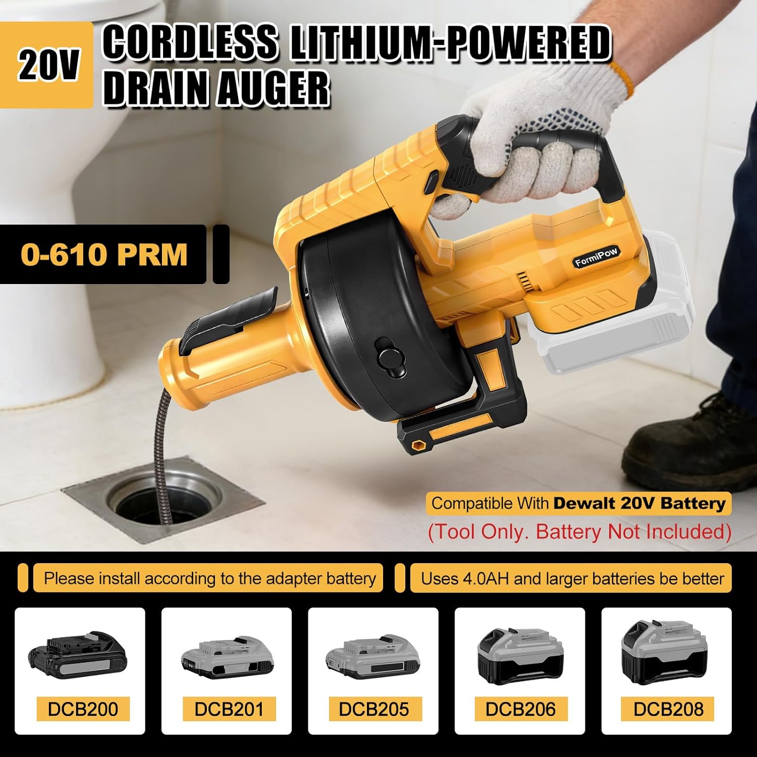 Cordless Drain Auger Compatible with Dewalt 20V Battery, Auto-Feed Plumbing Drain Snake with 23.62FT Replaceable Cable, Drain Clog Cleaner Tool for Sink, Toilet, Bathtub