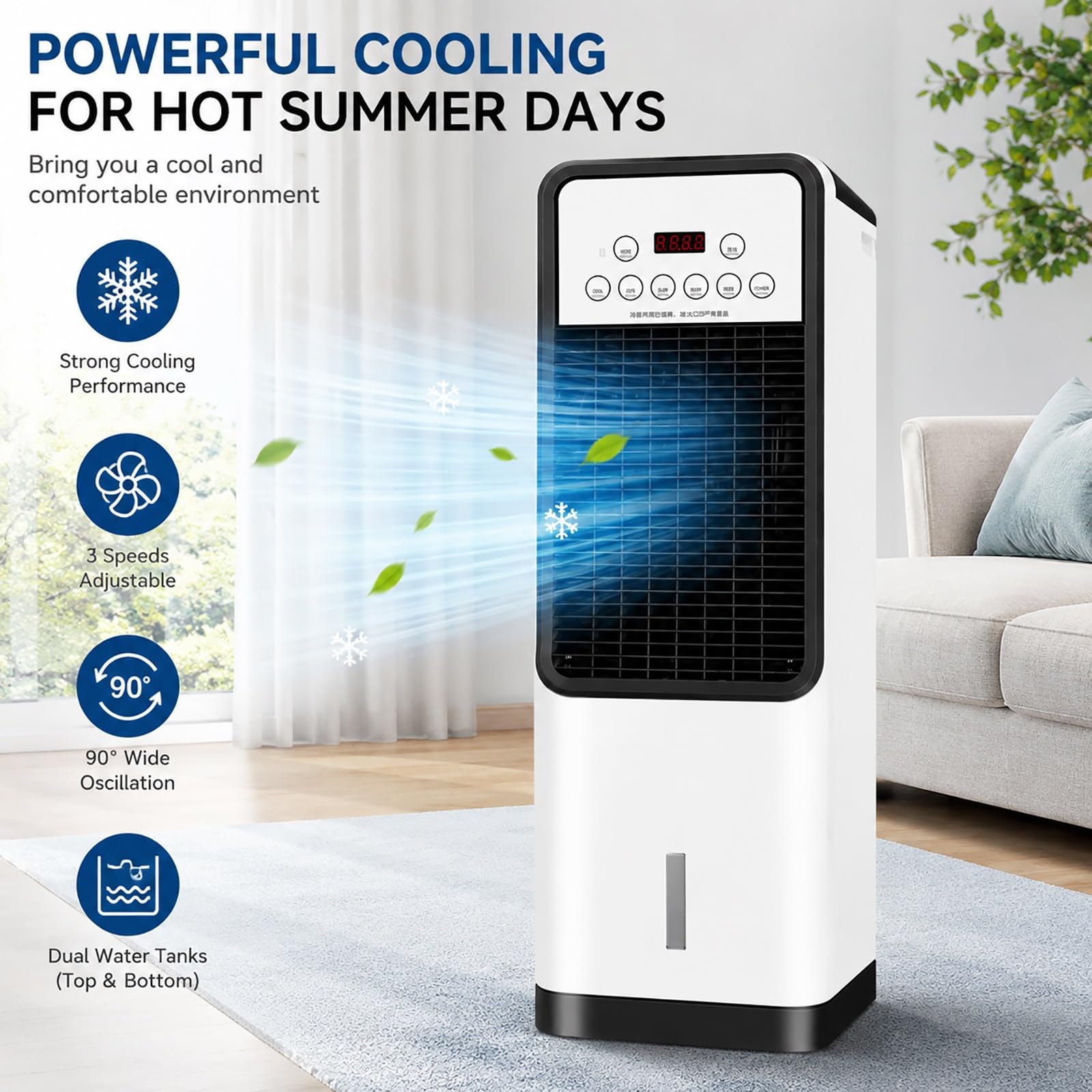 Enfriador de Aire Portátil con Packs de Hielo, 2 Niveles de Velocidad, Depósito de Agua 6L, Ventilador de Refrigeración Evaporativa para Dormitorio, Oficina, Hogar y Verano