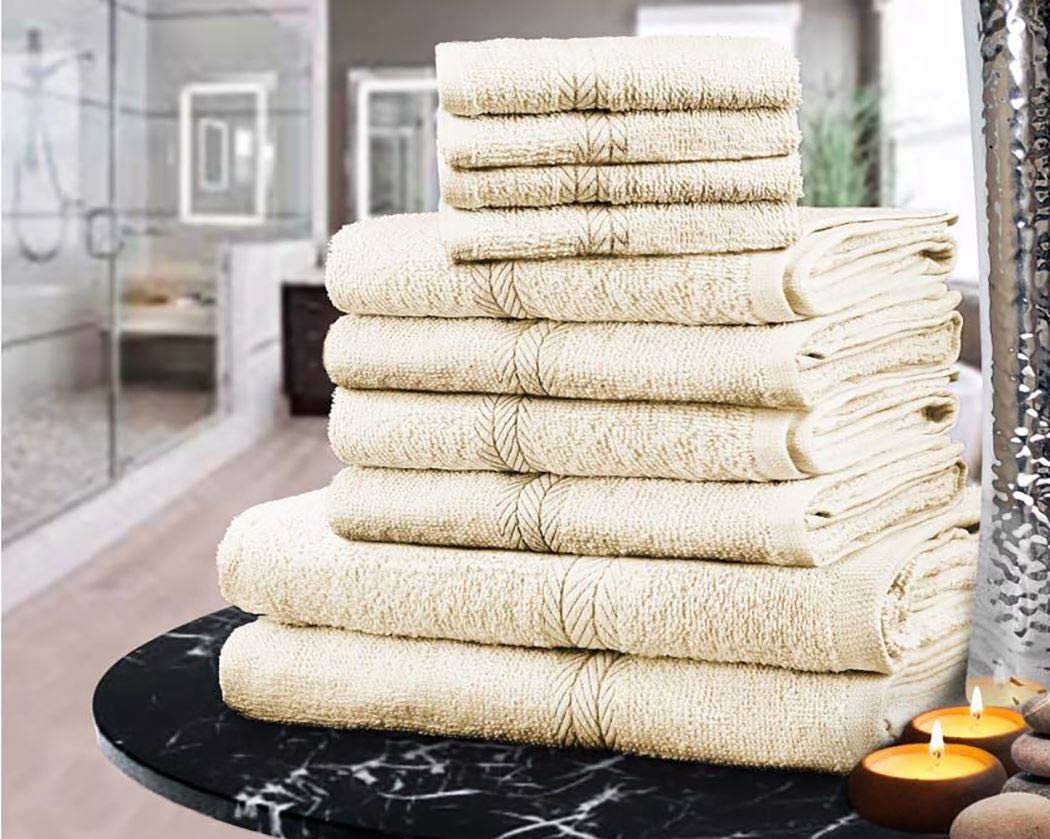 Value Comfort Home 10 Piece Soft Plain 100% EGYTIAN COTTON Bath, Hand & Face Towel Bale Ribbon Gift Set Cream — image 1