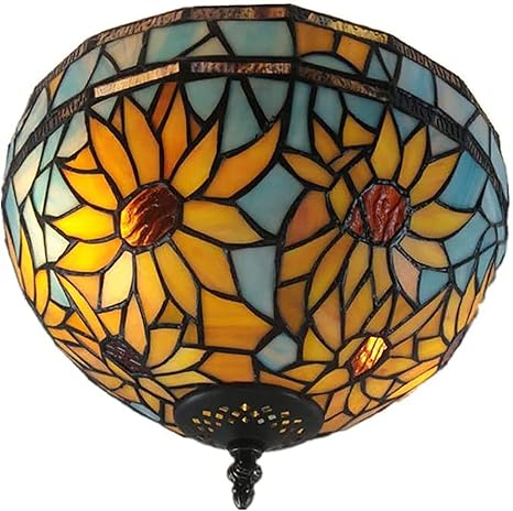 12 Inch Retro Living Room Ceiling Light Fixture Flush Mount Handmade Simple Sunflower Pattern Stained Glass Lampshade For Dining Room Bedroom Tiffany Style Ceiling Lamp Amazon Com