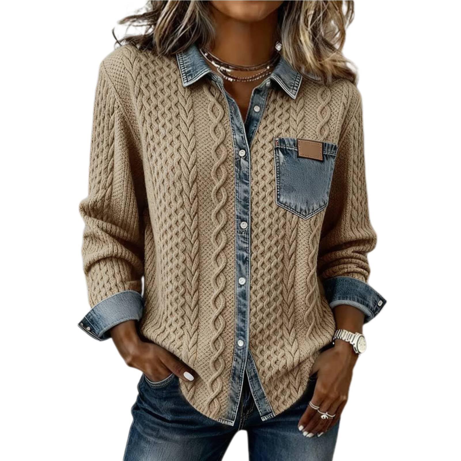 Denim Sweater for Women Collar Button up Patchwork Denim Pullover Tops Vintage Waffle Knit Jean Sweater Casual Wear