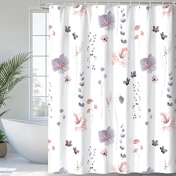 QiyI Watercolor Floral Shower Curtain with Hooks, 72 x 72, Dusky Purple