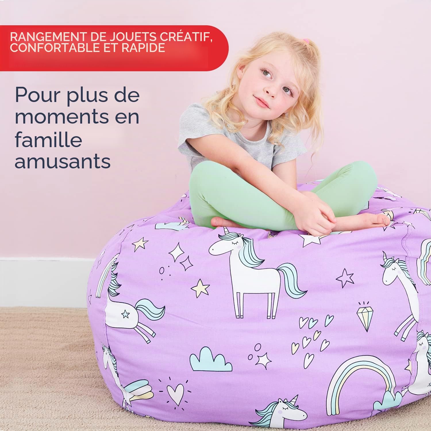 Creative QT Stuff 'n Sit Housse de Rangement pour Pouf Extra Large de 38 po pour Animaux en Peluche et Jouets - Velours côtelé Gris Clair