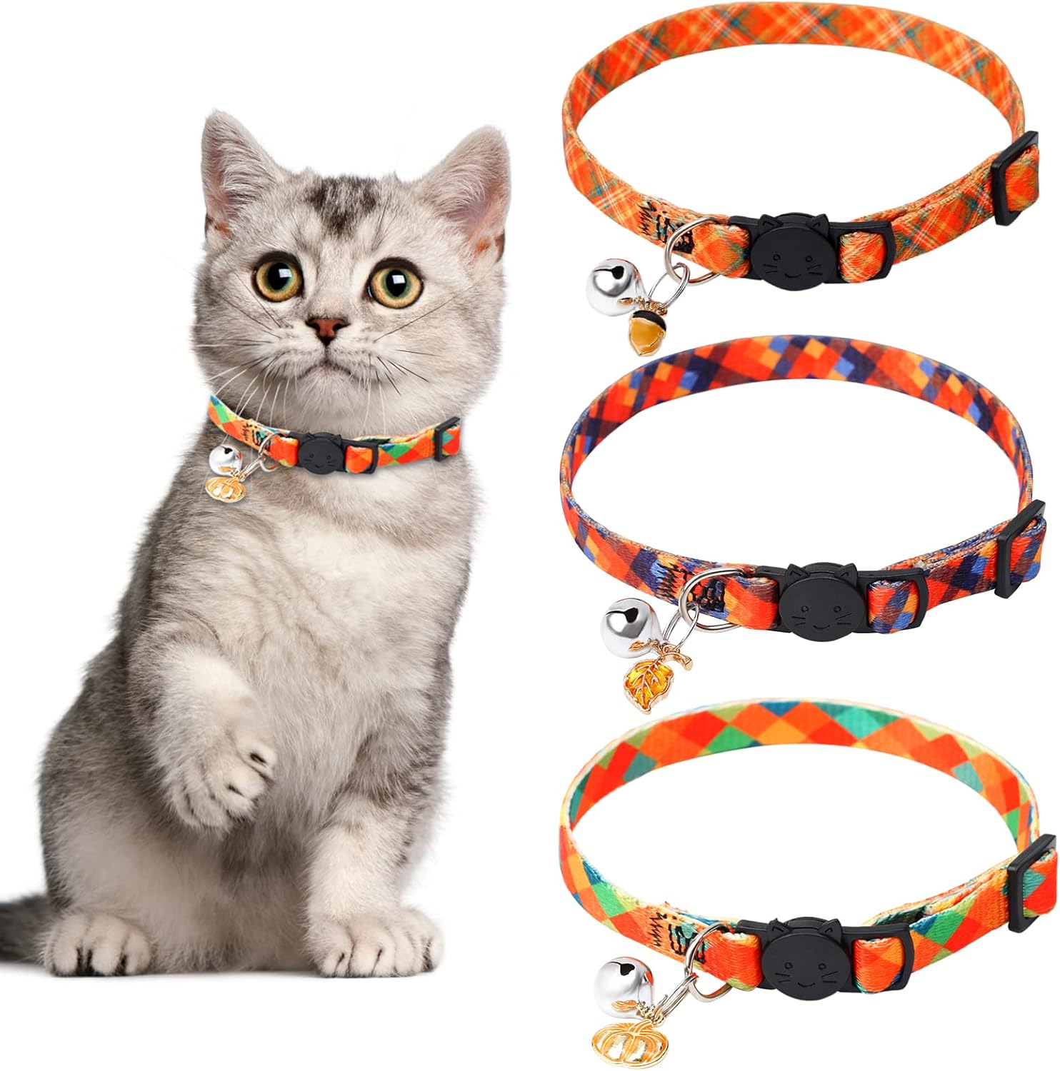 Cat Collars, 3 Pack Thanksgiving Cat Collar Breakaway with Bell and Safety Release Buckle, Adjustable for Cats Kitten and Some Puppies,…