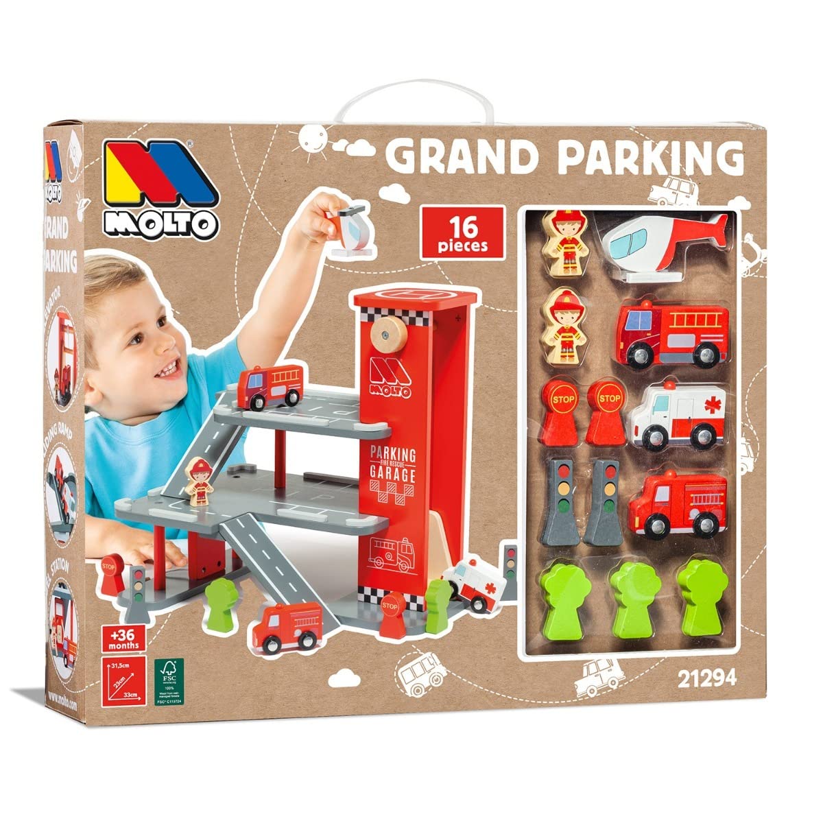 MOLTO Super Parkhaus Für Kinder – 5 Stockwerke, 24 Parkplätze, Inkl. 5 Autos & Helikopterlandeplatz | Spielgarage Ab 3 Jahren