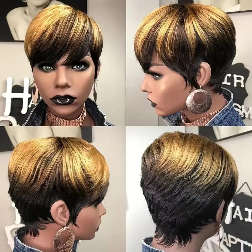 Haarpflege Damen Perücke Mit Goldenem Farbverlauf Schwarz Kurzhaarfaser Maschinell Hergestellt Für Den Täglichen Gebrauch