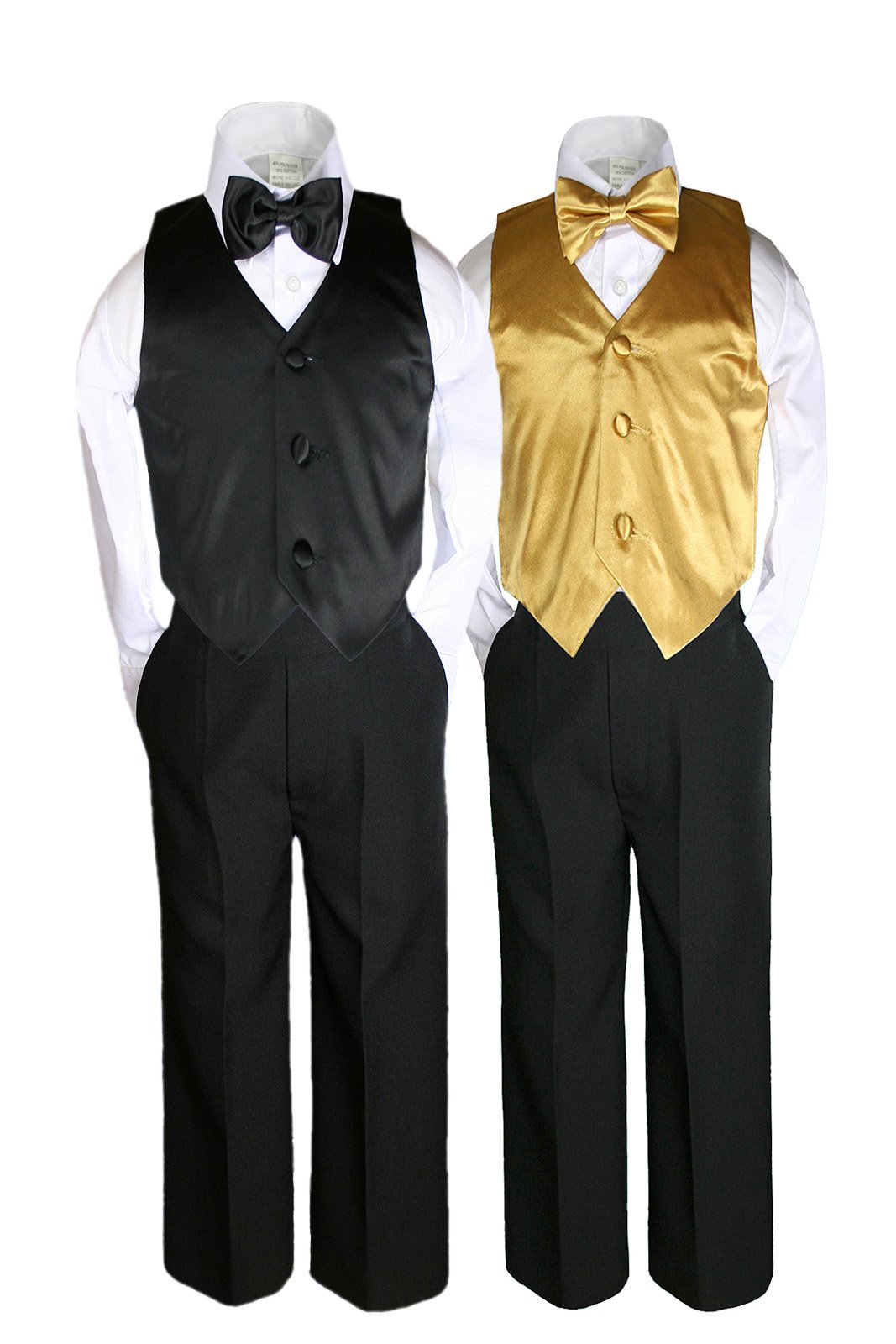 Unotux 6pc Boys Black Vest Bow Tie Sets Suits Outfits with Color Vest Sets (S-7) (L:(12-18 Months), Gold)