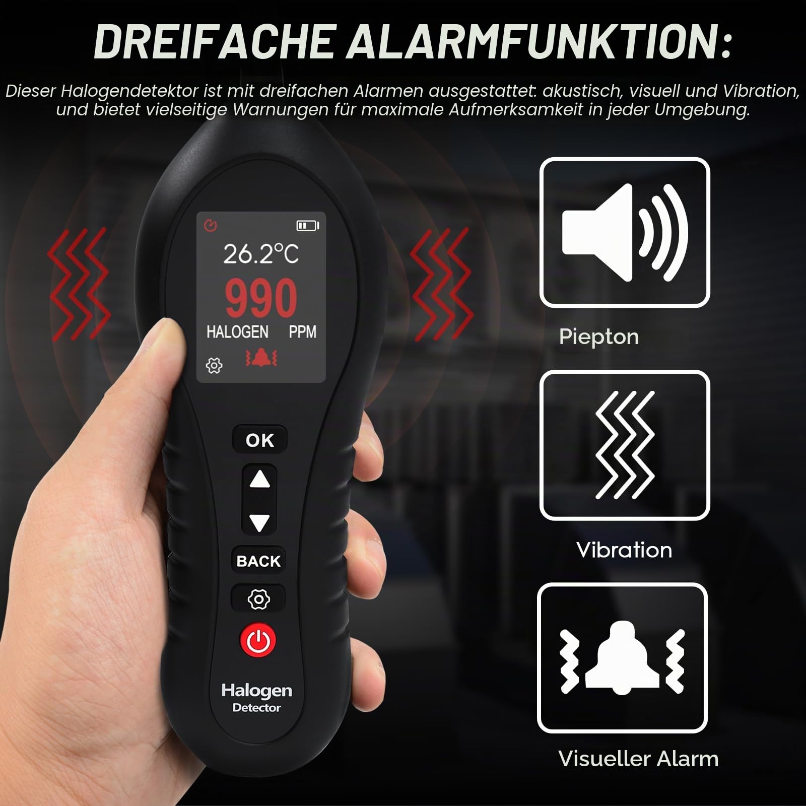 HVAC Kältemittel-Leckdetektor Freon Sniffer Leckdetektor mit 25,4 cm flexibler Sonde, 0–1000 ppm Reichweite, farbiges Display, für Automobil- und Klimaanlagen (FCKW, HFCs, HFCs)