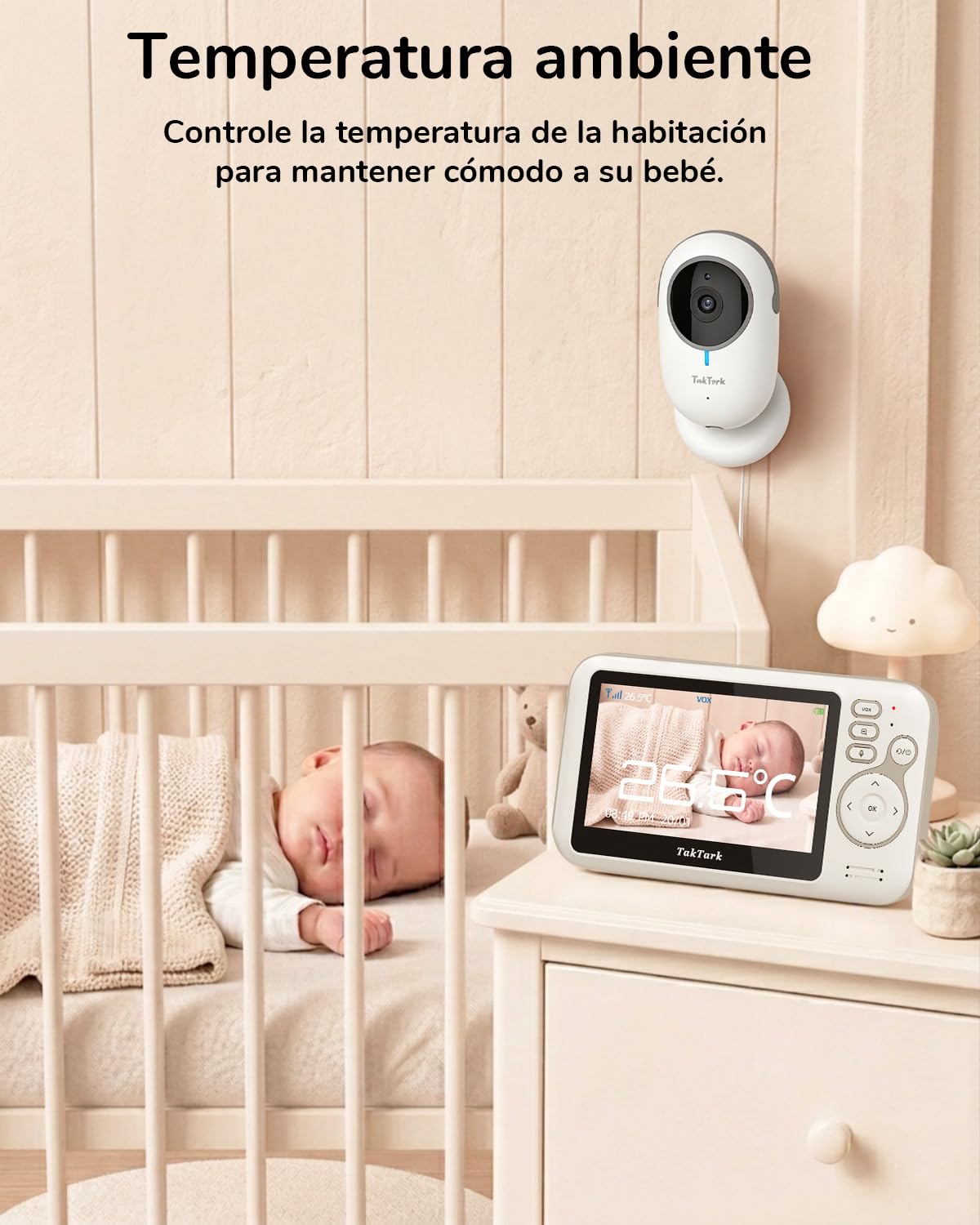 TakTark Camara Vigilancia Bebe, 4.3'' Vigilabebes Inalámbrico, Monitor con Visión Nocturna, VOX, Comunicación Bidireccional, Sensor de Temperatura, Sin Interferencias de Luz, Sólo Movimiento