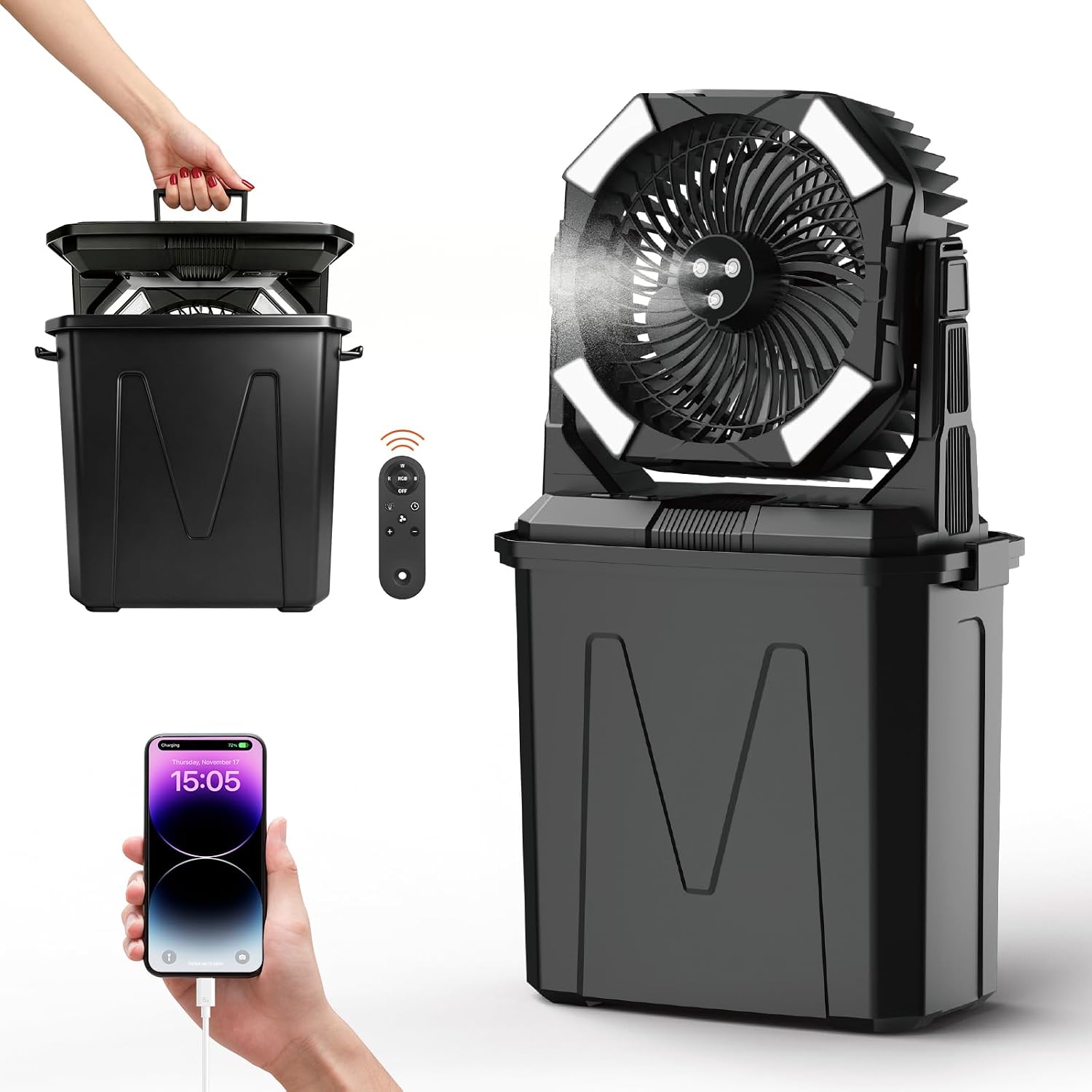 20000mAh Portable Misting Fan with 10L Large Water Bucket, 3-Speed Outdoor Floor Fan with Mist, USB Rechargeable Battery Powered Misting System for Patios, Camping, Beach, Golf and Picnic