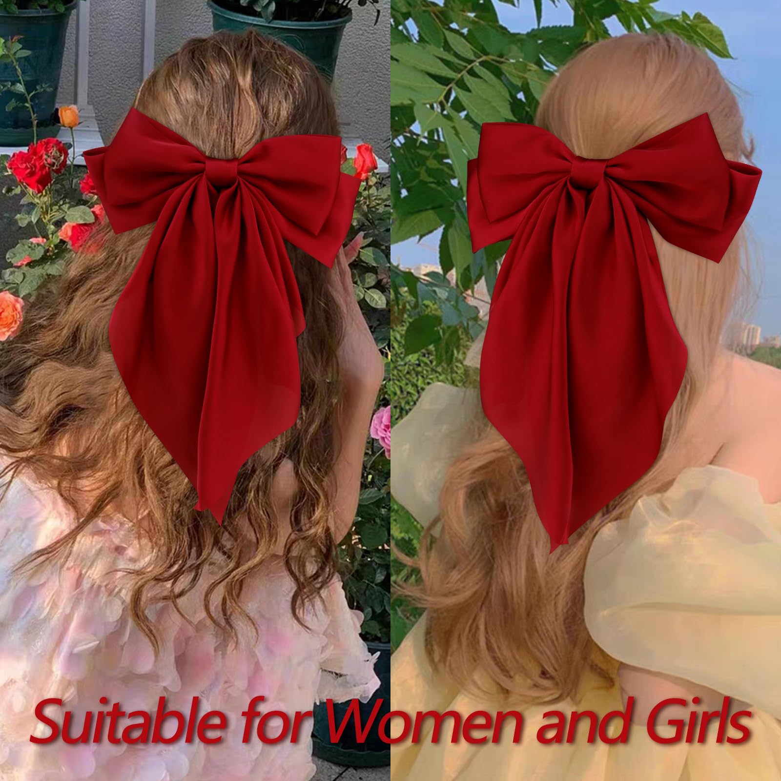 Velscrun 3 Große Haarschleifen Aus Satin - Schwarz, Weiß, Grau, Mit Langem Schwanz, Für Frauen & Mädchen