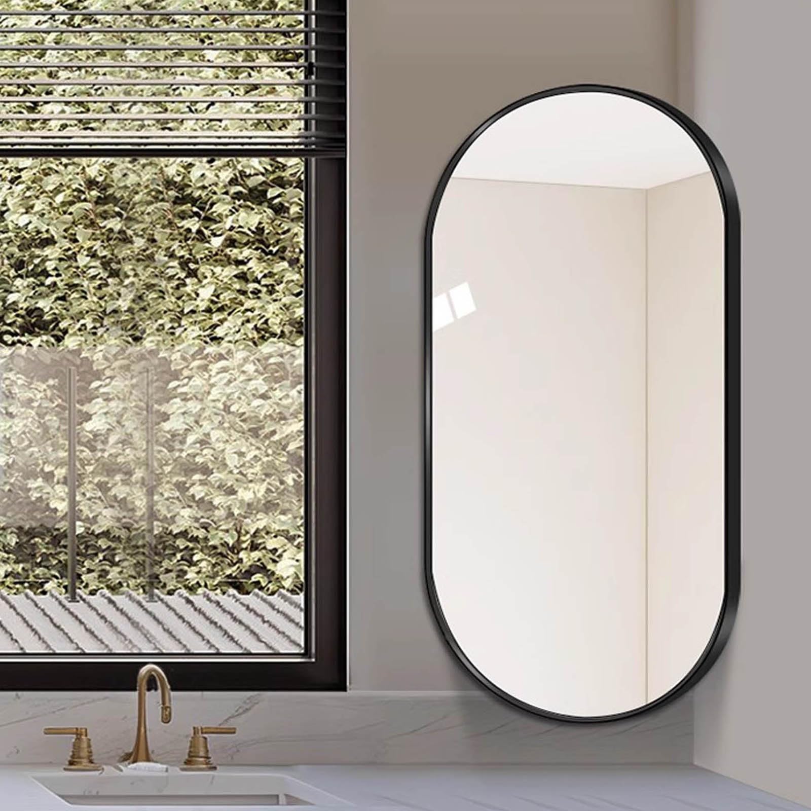 Obrotowe narożne owalne lustro łazienkowe, regulowane, montowane na ścianie lusterko do makijażu do użytku pionowego i poziomego, elegancka czarna aluminiowa rama (50 x 80 cm)