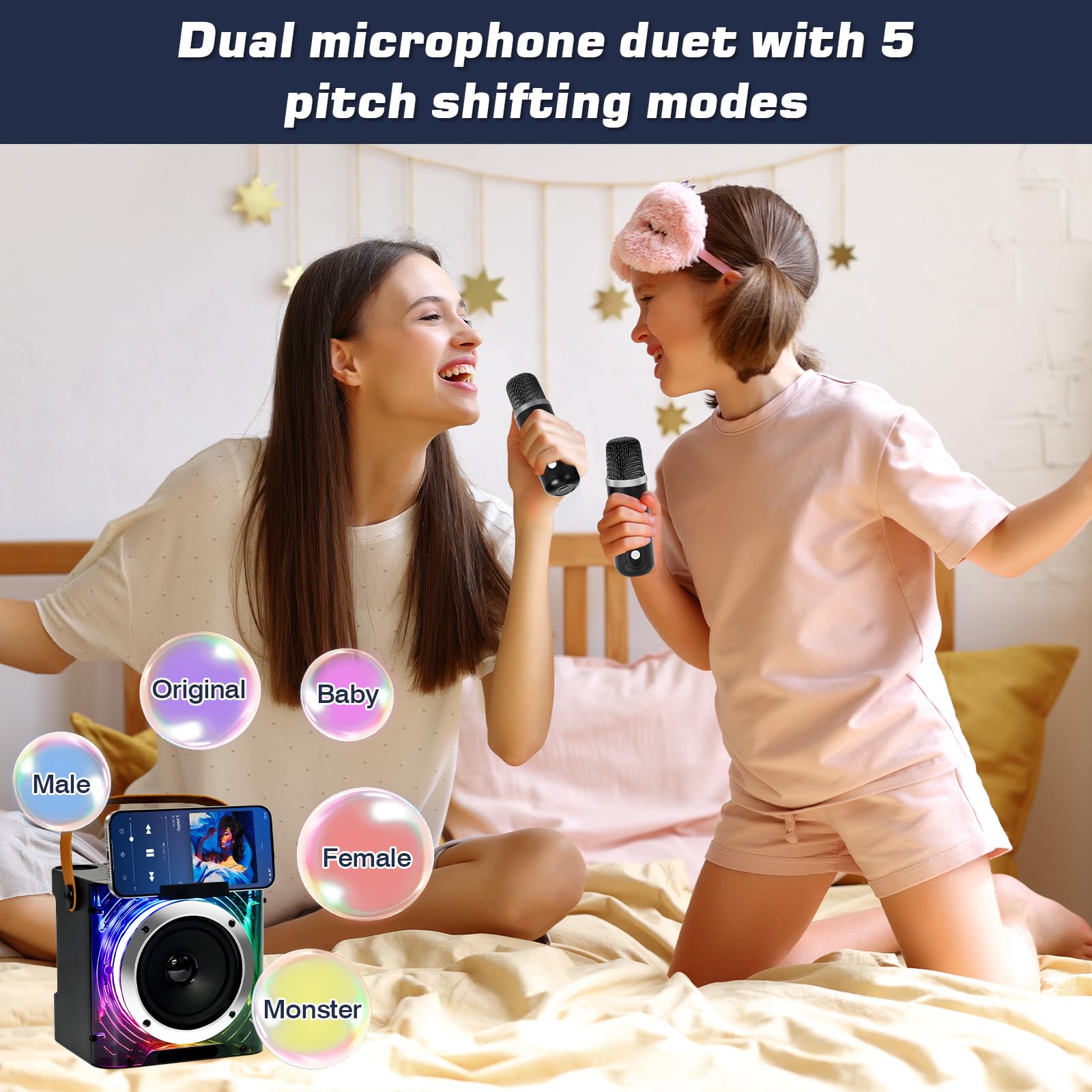 Macchina per con 2 Microfoni Wireless y Supporto per Telefono, Altoparlante karaoke cassa Bluetooth 5.3 portatile, con luci a LED per Adulti e Bambini