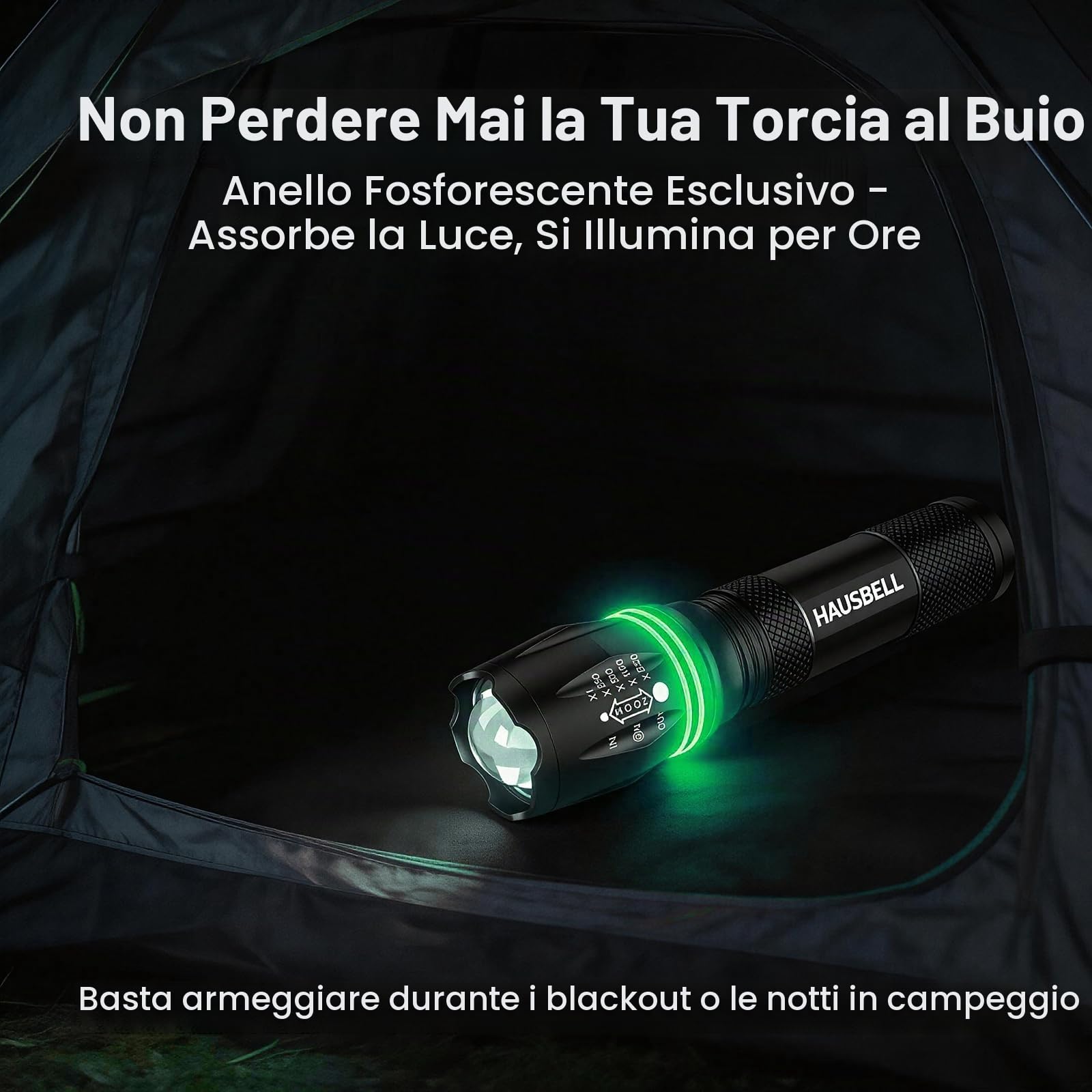 HAUSBELL Torcia LED 2000 Lumen (2 Pezzi) – Super Luminosa, 5 Modalità, Zoom Regolabile, Impermeabile, Alimentazione a Batteria – Torcia Tattica per Campeggio, Escursionismo, Emergenze (Nero)