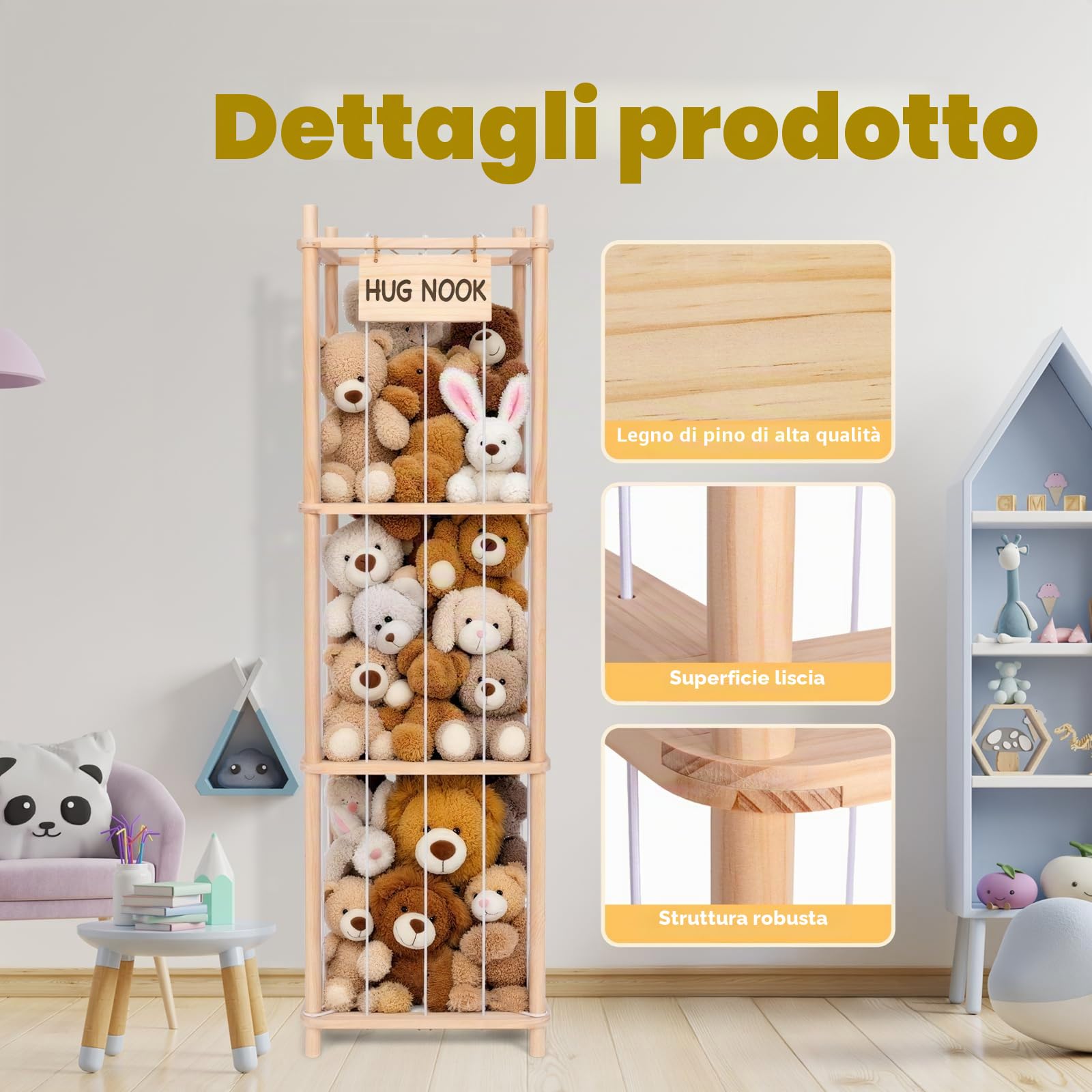 Porta Peluche Verticale, Contenitore per Animali di Peluches Salvaspazio, Porta Giochi Contenitori in Legno, Organizer per Giocattoli di Peluche per Stanza da Gioco per Camera da Letto, Casa