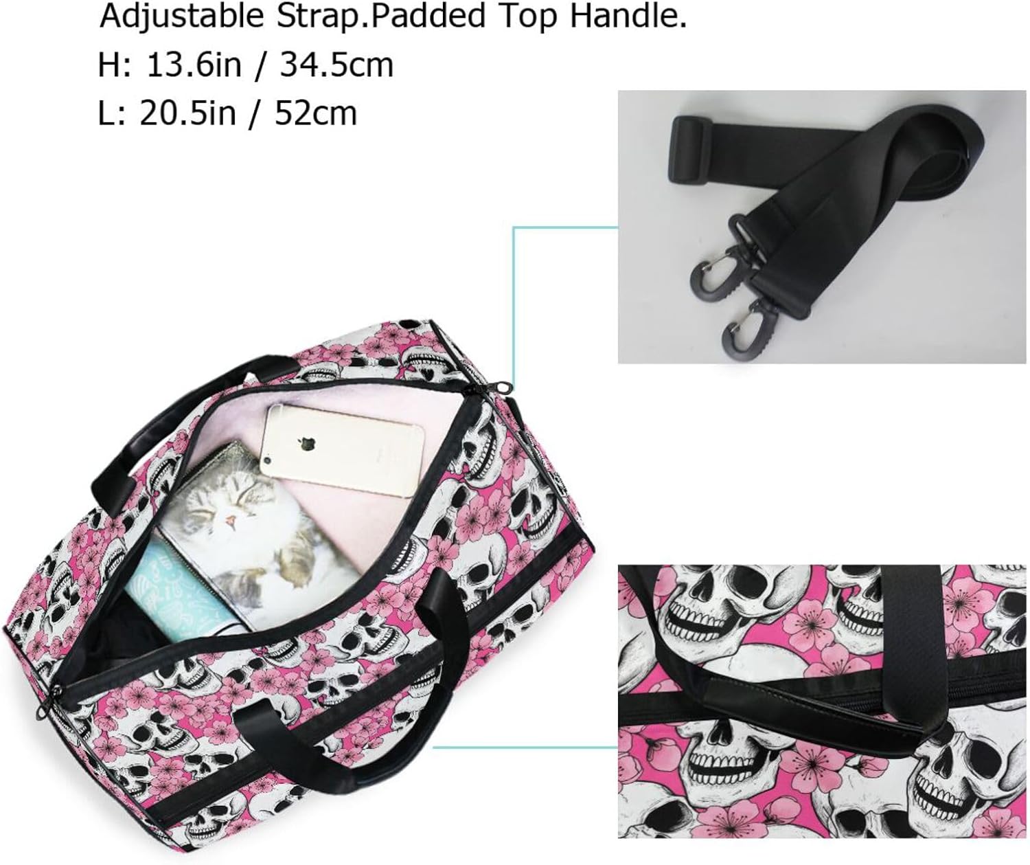 Travel Duffel Bags Pink Floral Skull Sports Duffel Bag Gym Bag Travel Luggage Overnight Bags for Men Women Duffel Bags with Adjustable Strap for Traveling