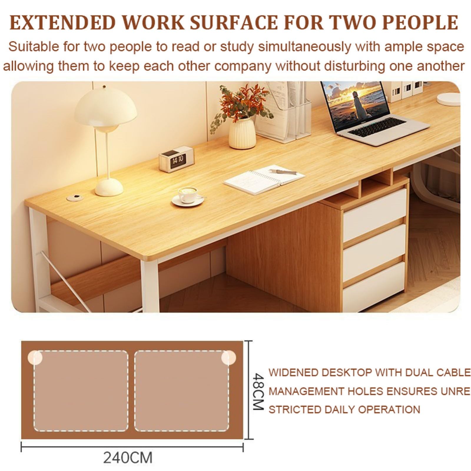 Mesa Ordenador 200/240 X 48 X 73 Cm,Estación de Trabajo para Dos Personas con 3 Cajones,Estructura Metálica en U Reforzada,Escritorio Grande para Oficina y Estudio C,240CM