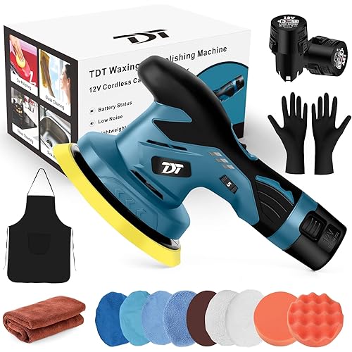 TDT Cordless Car Buffer Polisher with Rechargeable 2pcs 12V Lithium Battery, 6 Variable Speed, Cordless Buffer Polisher Kit for Car Detailing Brushless Polisher with 2 Battery for Waxing