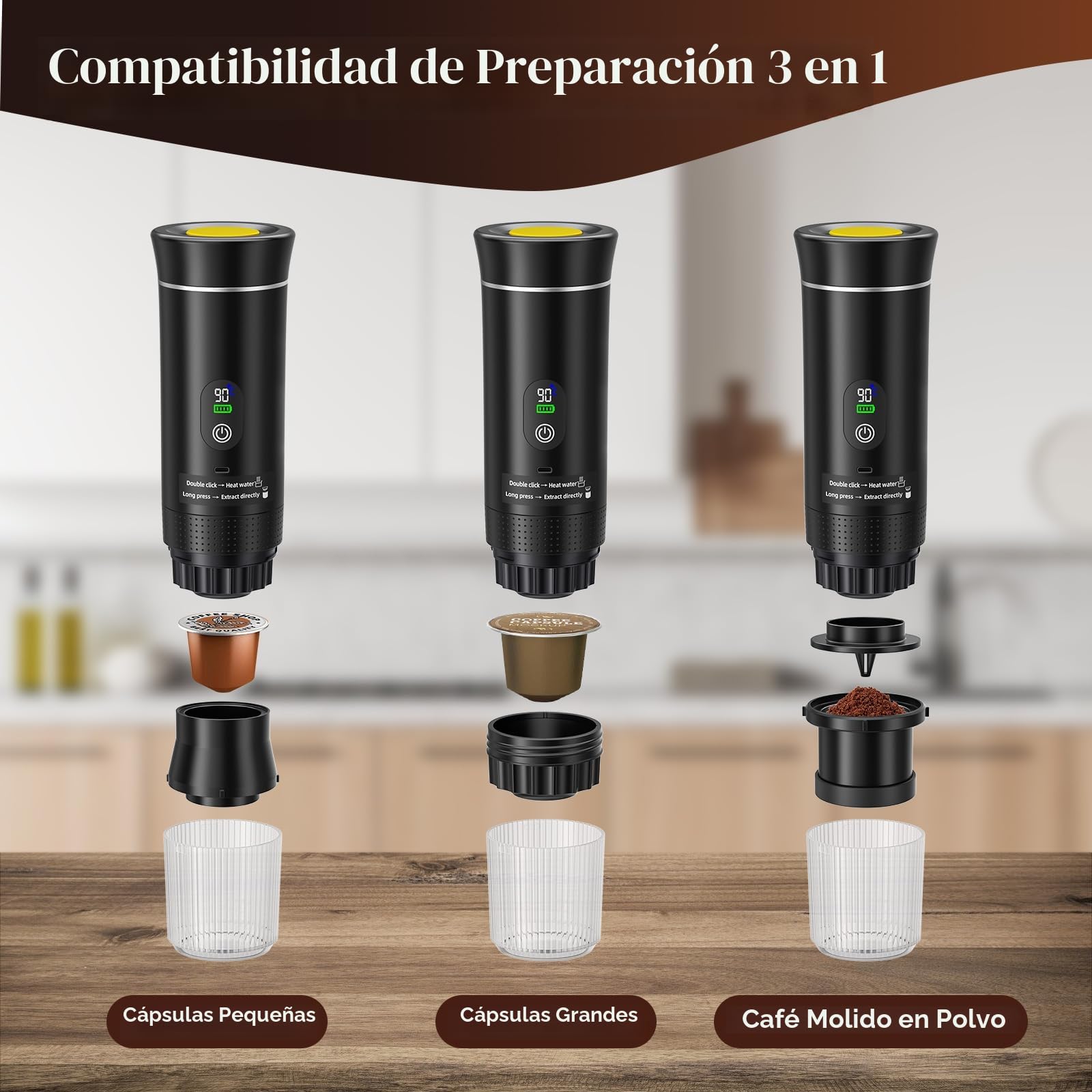 Cafetera Espresso Portátil, Cafetera Eléctrica 3 en 1, Cafetera Portátil Para Camping, mini Autocalentable, Compatible con Café Molido y Cápsulas