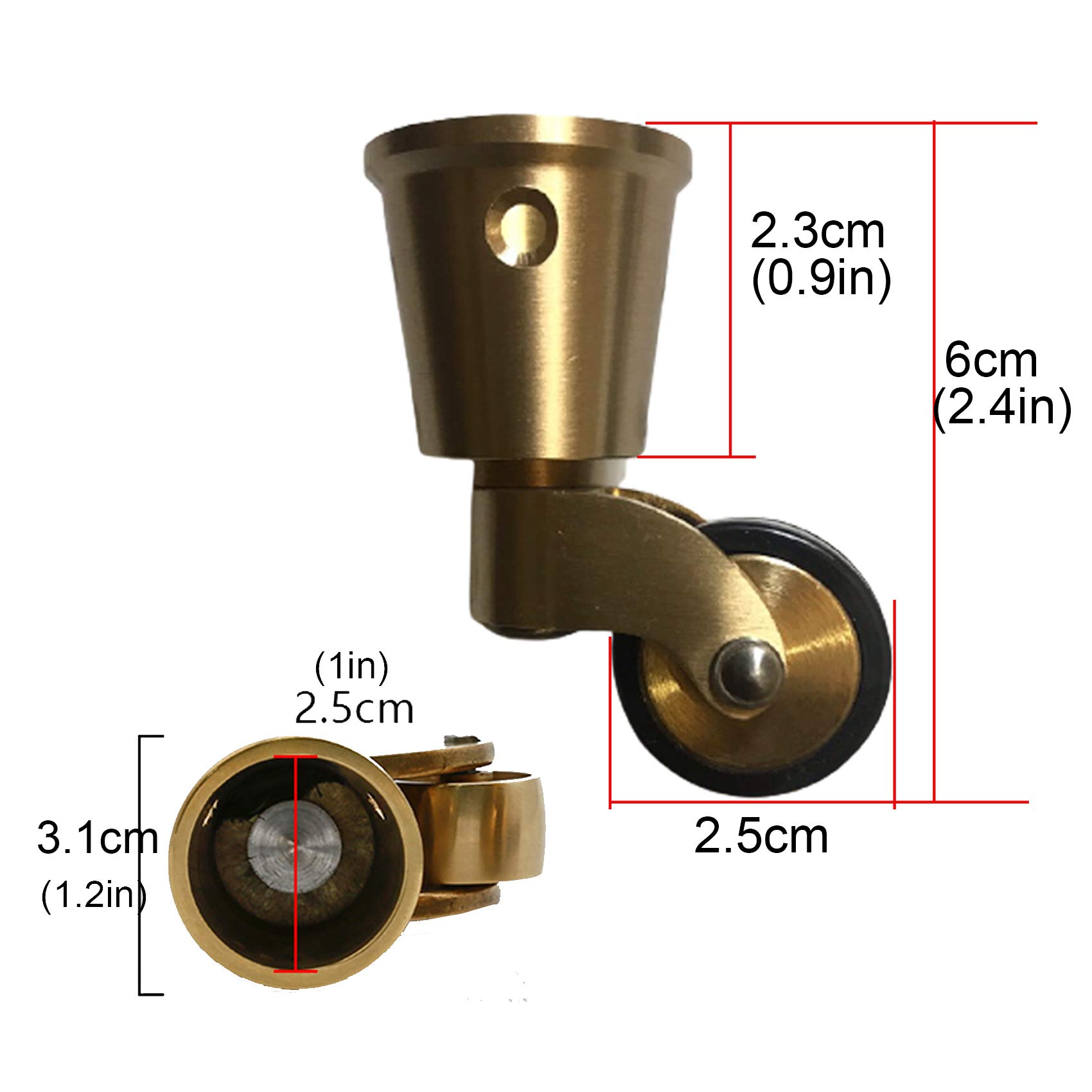 4 piezas Ruedas de Latón para Muebles,Ruedas Giratorias de Latón Macizo,Diámetro Rueda de 25 mm,Ruedas de Goma,Ruedas de Repuesto,Ruedas de Piano,Carga 150 kg,con Tornillos,para Piano,Sofá
