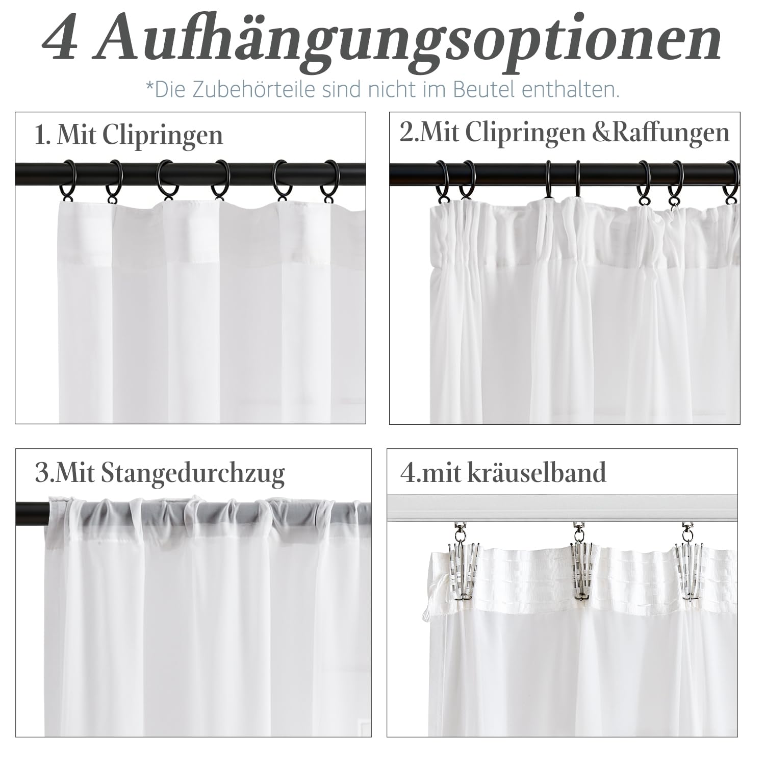 Vangao Rideau Voilage Galon Fronceur Cuisine Salon Fenetre Chambre Transparent 140L x 260H cm Lot de 2 Interieur Décoration Filtrage de la lumière Moderne Voile Rideaux Voilages Élégants, Blanc