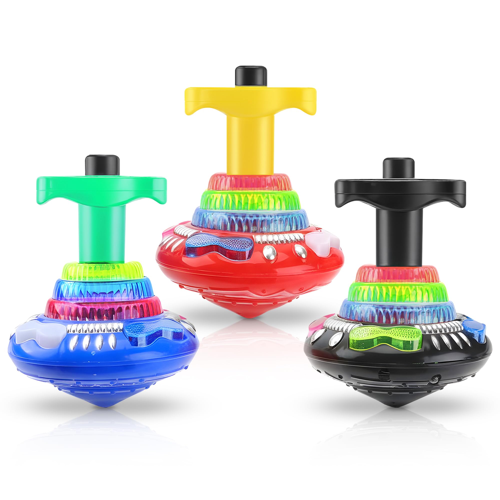 Light Up Spinning Top Toys With Music 3 Pack – LED Spinning Toy & Gyroscope Sensory Play Set for Kids | Cause and Effect Autism Toys, Attention Bucket, Light Up Sensory Toy