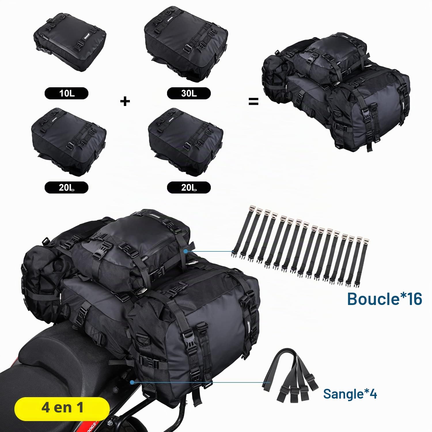 Rhinowalk Sacoche de selle pour moto – sac de porte-bagages étanche, sacoche extensible arrière 20L, modulaire combinable pour les voyages et les randonnées – Noir
