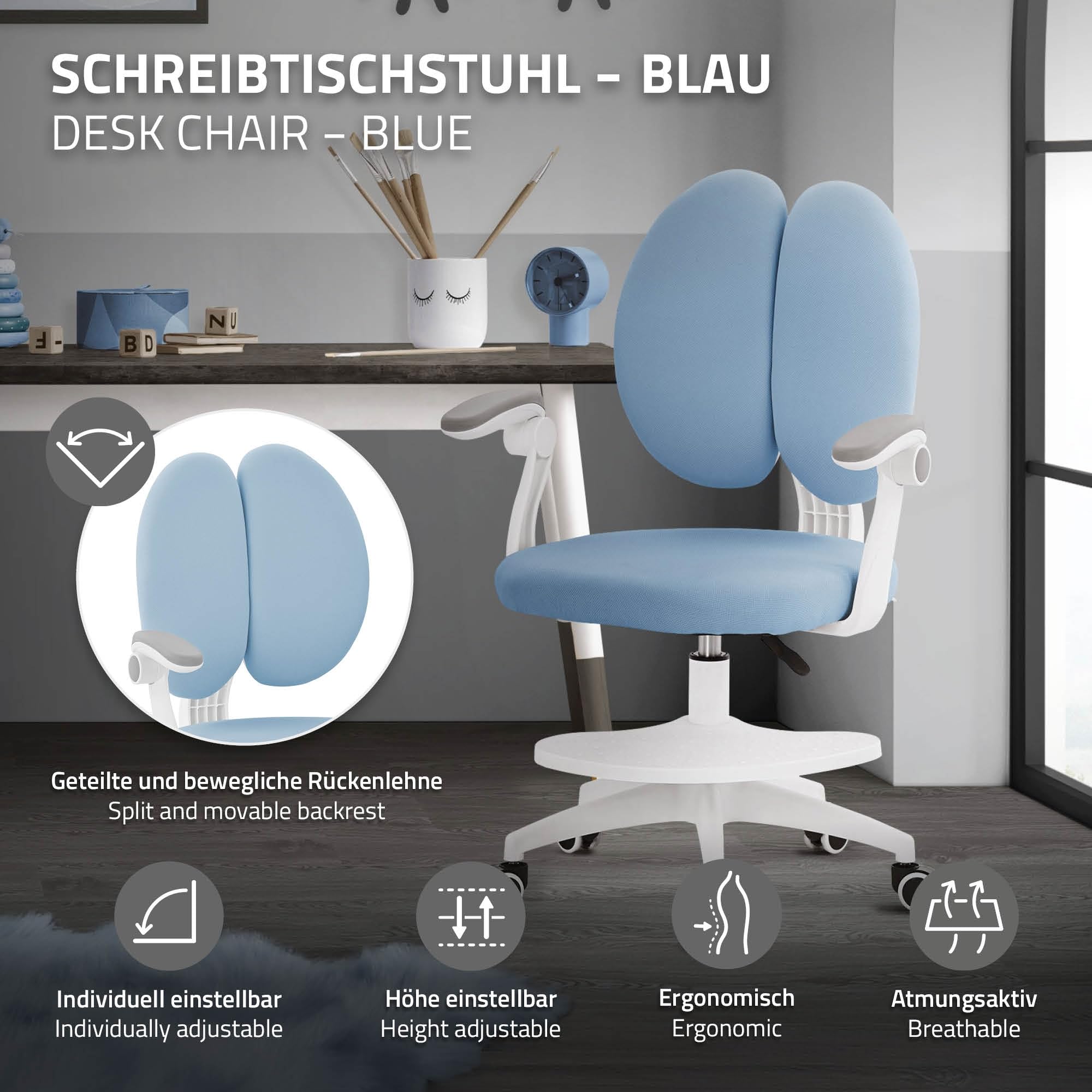 ML-Design Chaise de Bureau pour Enfant, 95-107 cm Bleu avec Dossier Divisé et Repose-Pieds, Fauteuil d'Étude Ergonomique Pivotant à 360°, Hauteur Réglable, Accoudoirs Rabattables, Tissu Respirant
