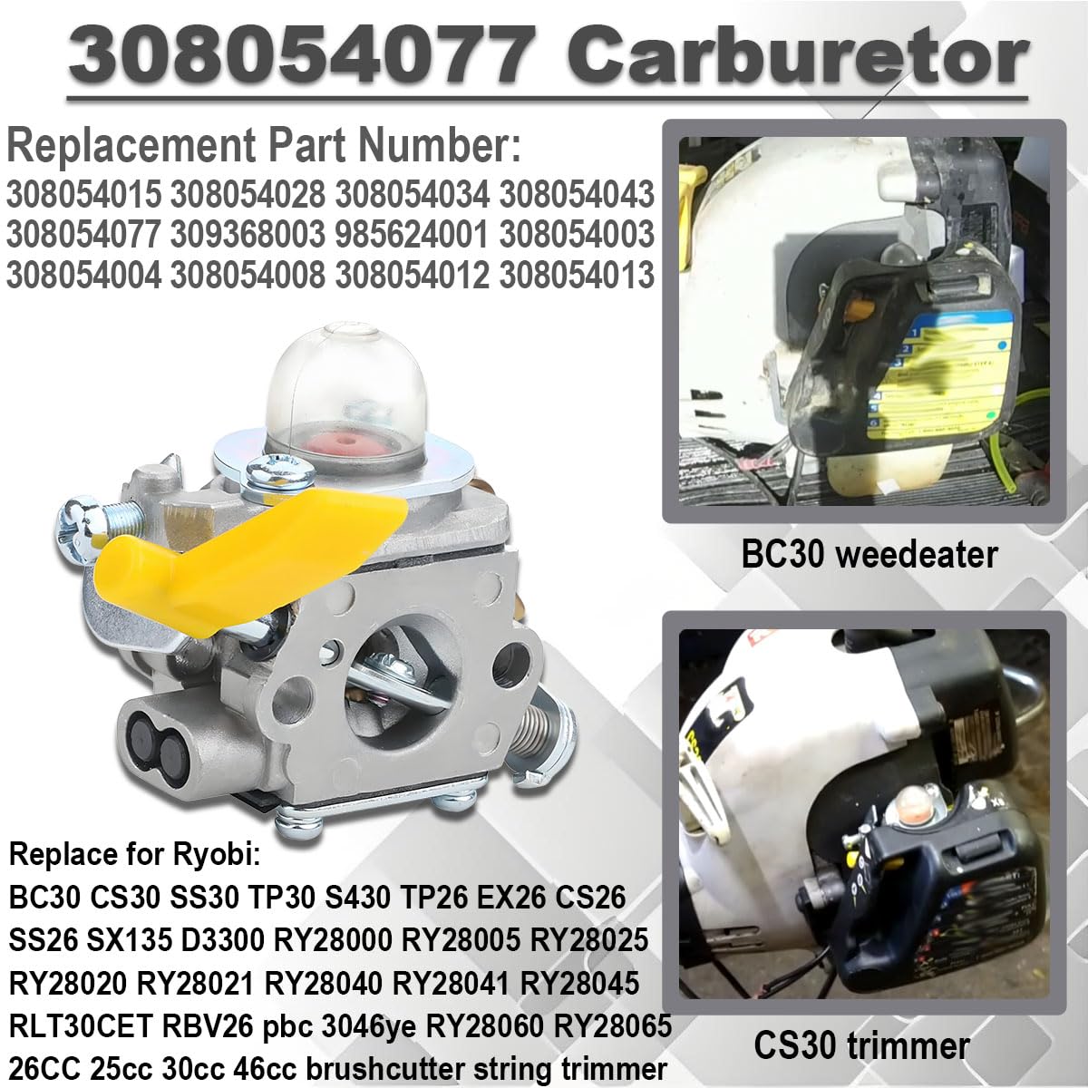 308054077 Zestaw gaźnika BC30 CS30 SS30 TP30 | dla Ryobi BC30 CS30 SS30 TP30 S430 TP26 EX26 CS26 SS26 SX135 D3300 RY28000 RY28005