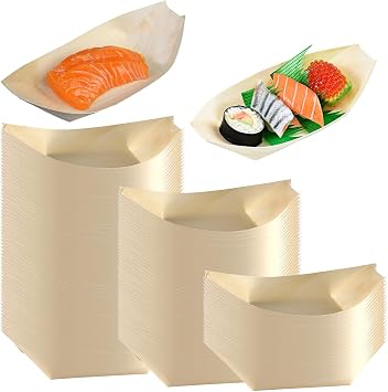 300PCS Disposable Wood Plates, Rustic Design, Biodegradable Food Serving Tray, 5 Plates, for Mini Sushi Boat, Party, Wedding, Picnic