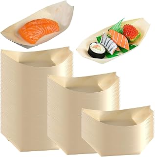 300PCS Disposable Wood Plates, Rustic Design, Biodegradable Food Serving Tray, 5'' Plates, for Mini Sushi Boat, Party, Wedding, Picnic