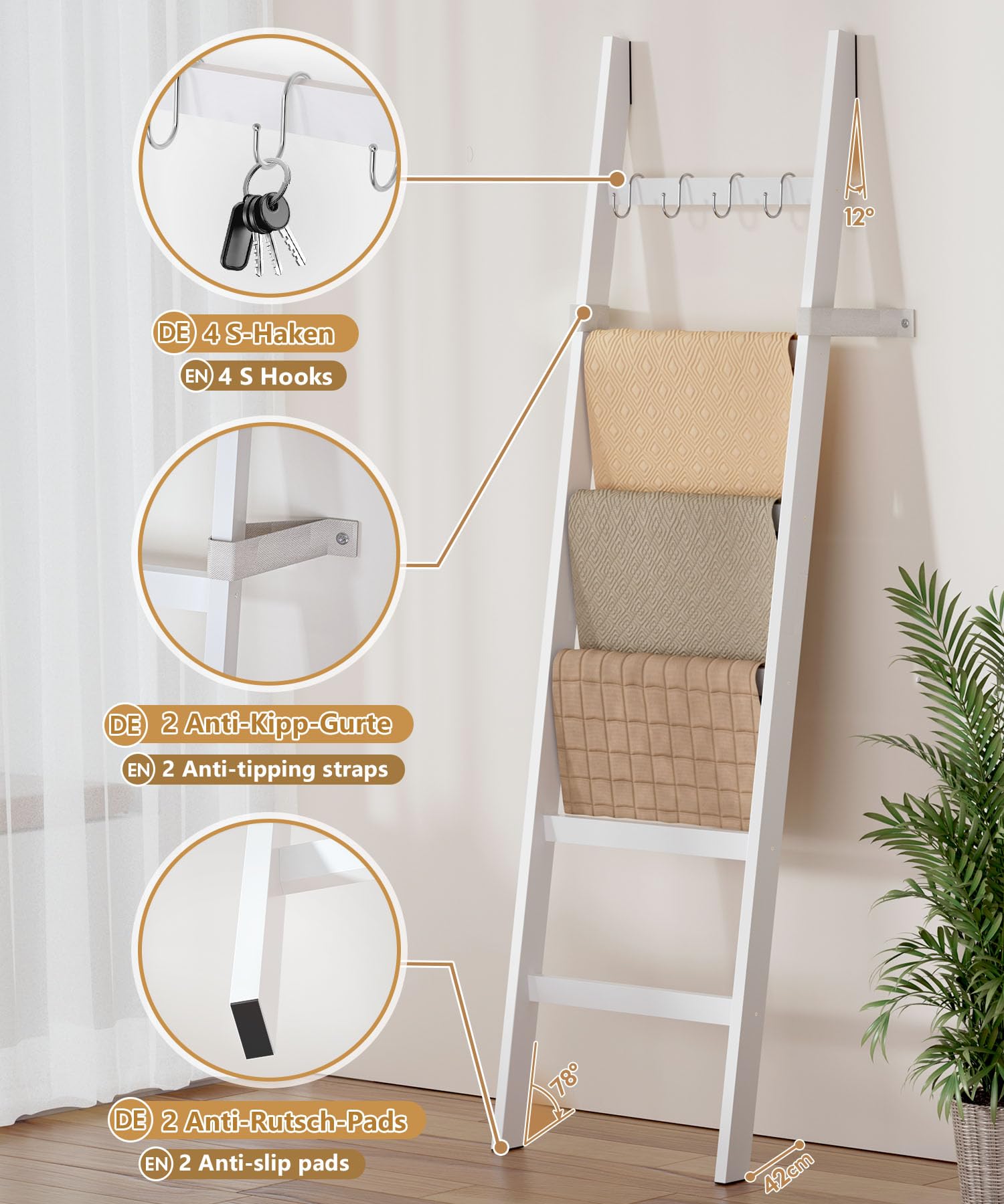 Yorbay Échelle Porte-Serviettes en Bambou à 6 Niveaux, avec 2 Sangles de Sécurité Anti-Chute et 4 Crochets Porte-Serviettes pour Salle de Bain Chambre à Coucher HxB 170 x 43 cm (Blanc)