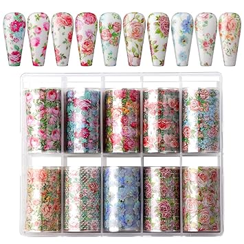 amazon com makartt 10 rolls flower print nail foil transfer stickers colorful florals pattern nail foil sheets adhesive nail decals nail art design tool for diy nail decoration everything else