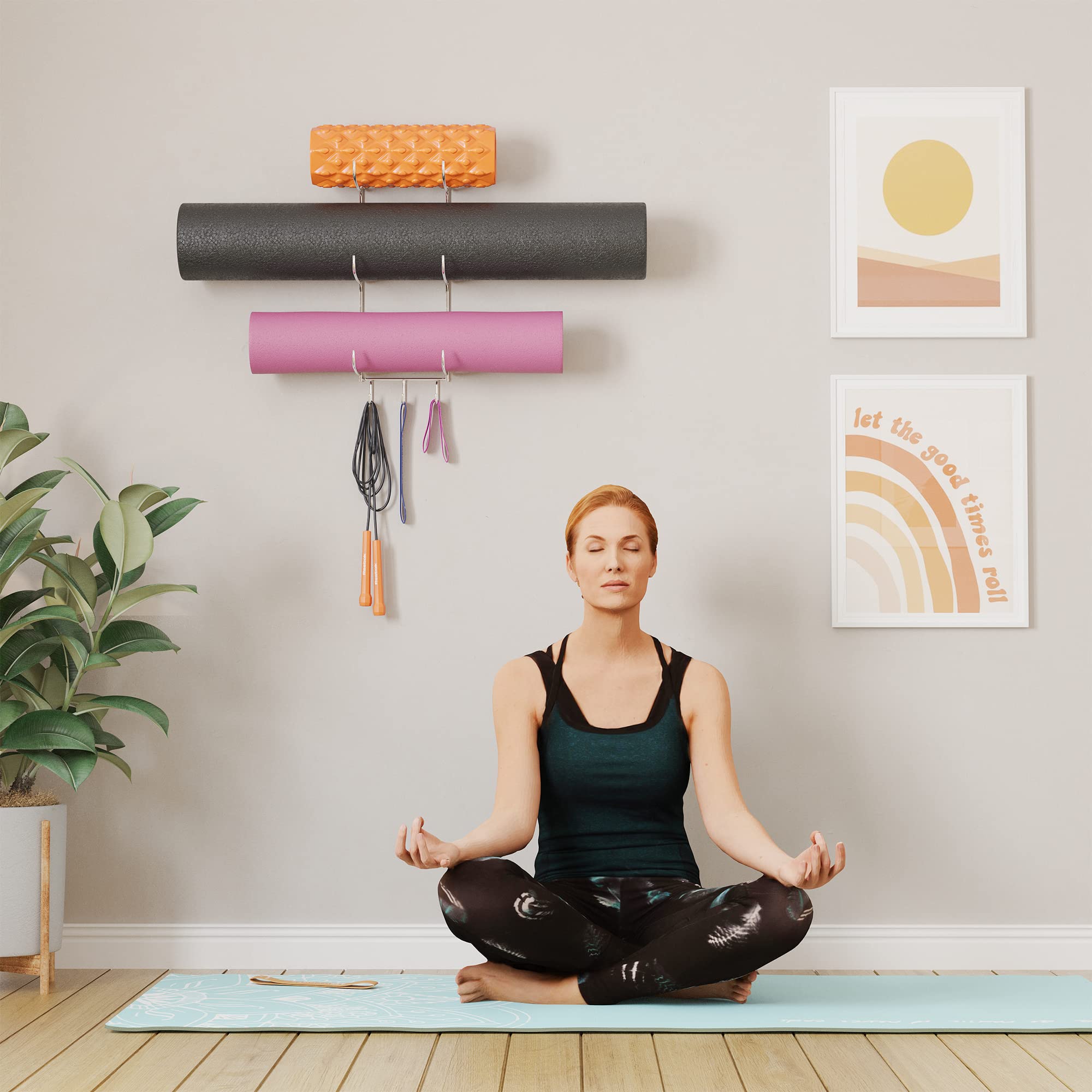 Wallniture Guru Wall Mount Yoga Mat Foam Roller and Towel Rack with 3 Hooks for Hanging Yoga Strap and Resistance Bands at Your Fitness Class or Home Gym 3-Sectional Metal (Chrome)