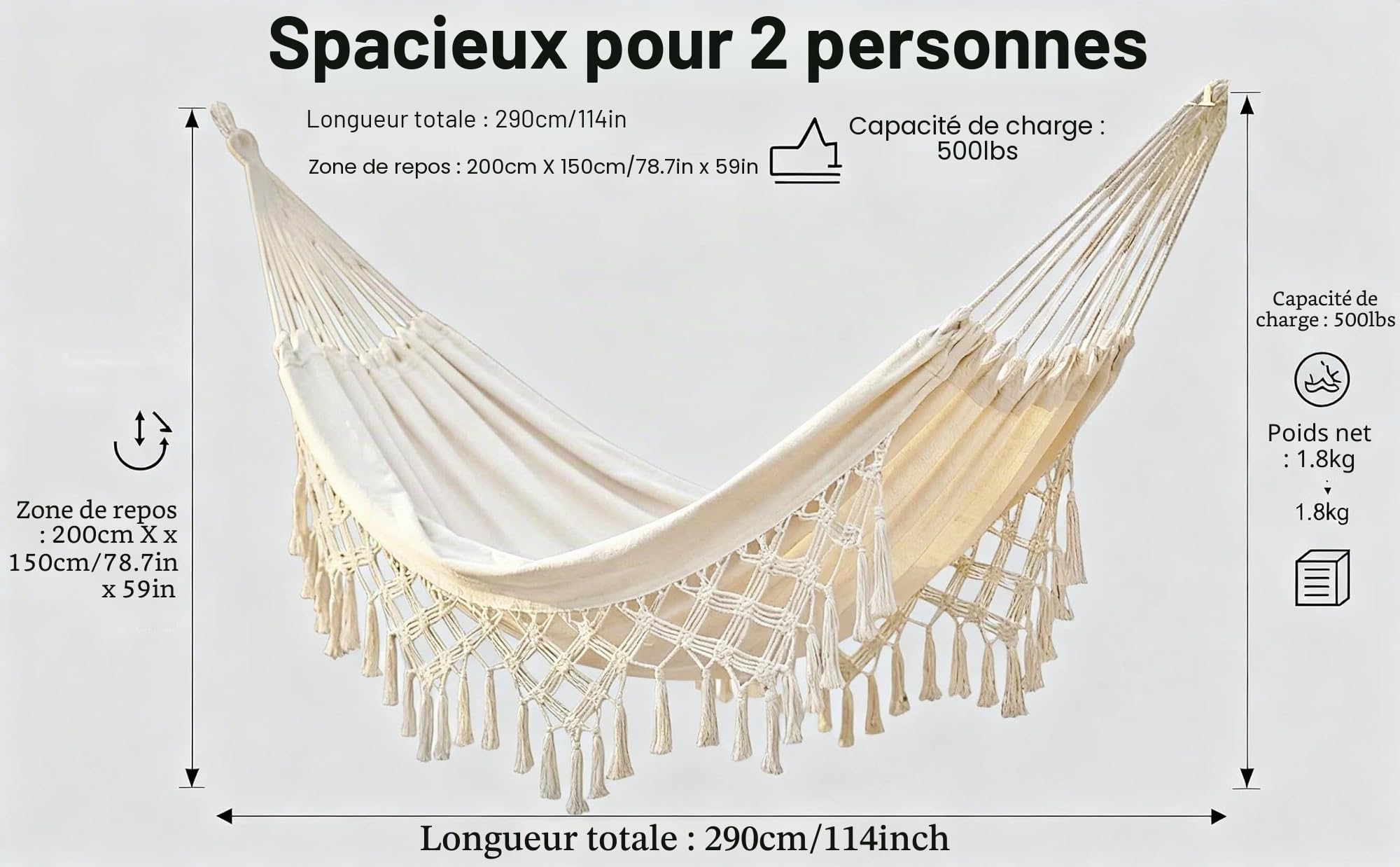 Hamac Double pour intérieur et extérieur - Hamac de Camping Portable - Grand hamac en Coton Doux pour la Maison, Deux Personnes, terrasse, Jardin, Porche, pelouse et Jardin