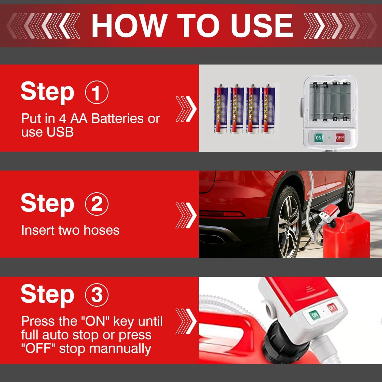 Electric Fuel Transfer Pump Auto-Stop - Automatic Fuel Pump Leak-Proof Design, Easy-Use Hand Pump for Gas/Diesel/Water, USB-C + Battery Dual Power, Fast Flow, Universal Can Adapters Included