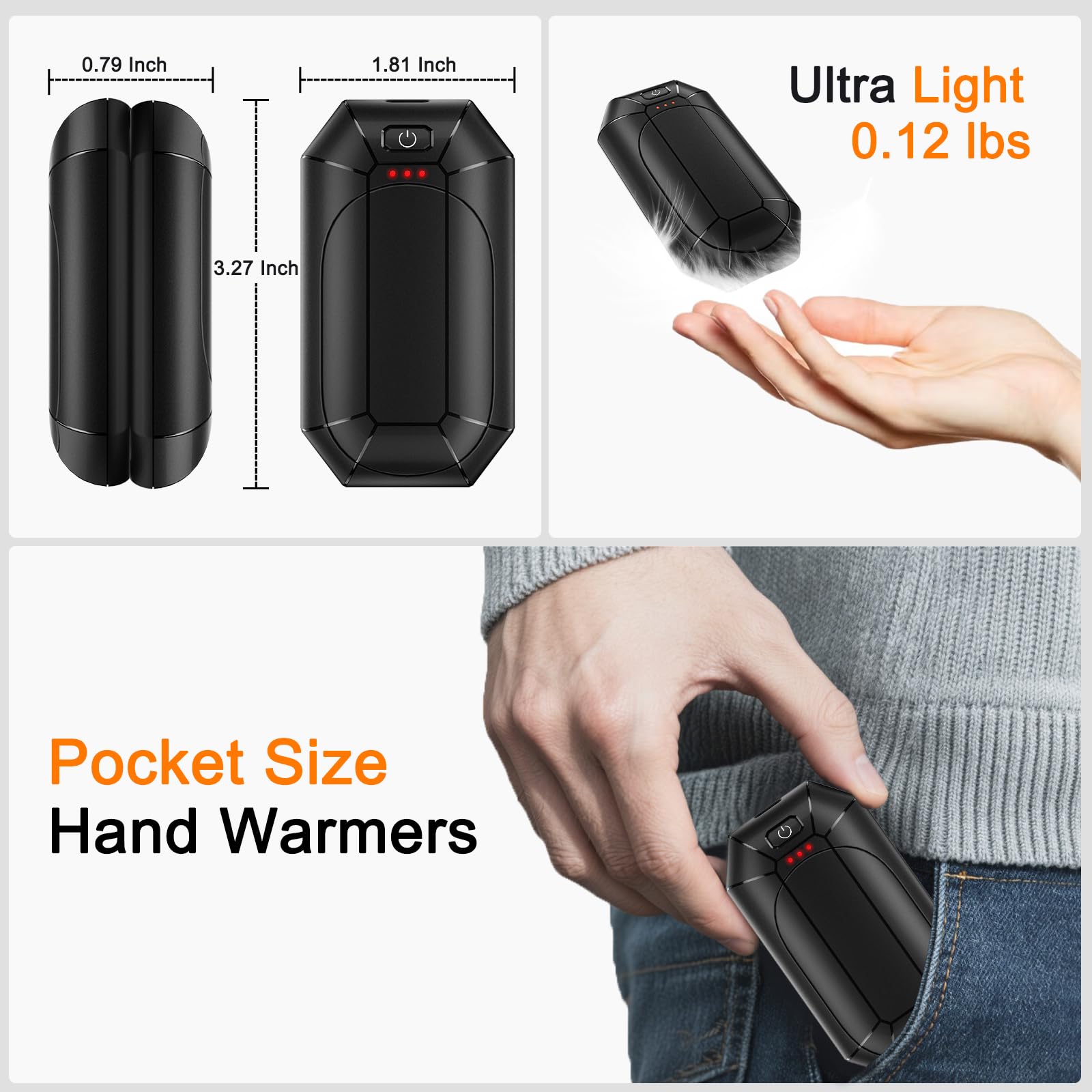 AI Lot de 2 chauffe-mains rechargeables avec batterie de 4000 mAh, puces intelligentes intelligentes, chaleur sûre de 20 heures, chauffage de poche portable, pour l'extérieur, la chasse, le golf, le