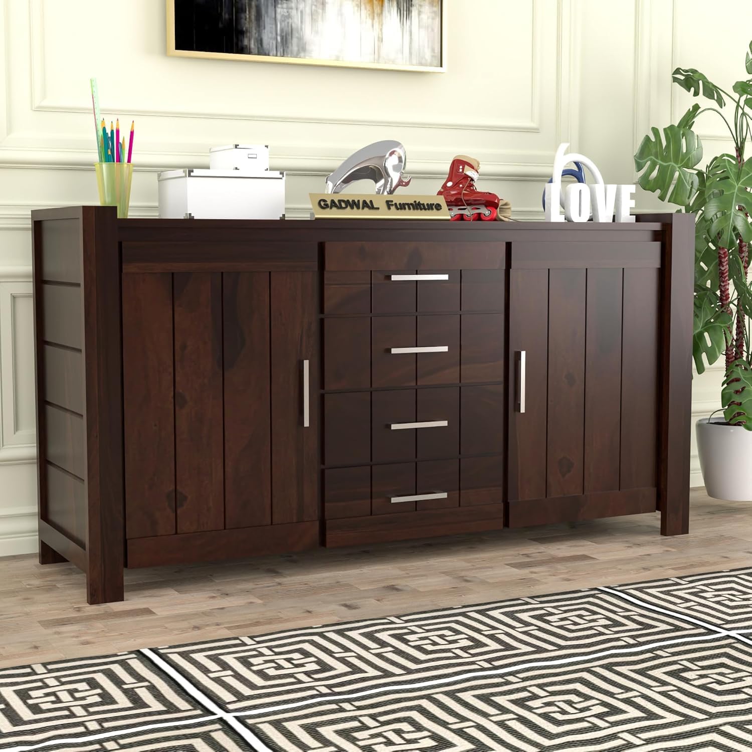 Solid Sheesham Wood Wooden Sideboard Storage Cabinet : Ideal for Living Room and Bedroom with 4 Drawers and 4-Shelf Storage (Cleavon, Walnut Fininsh)-picture-30