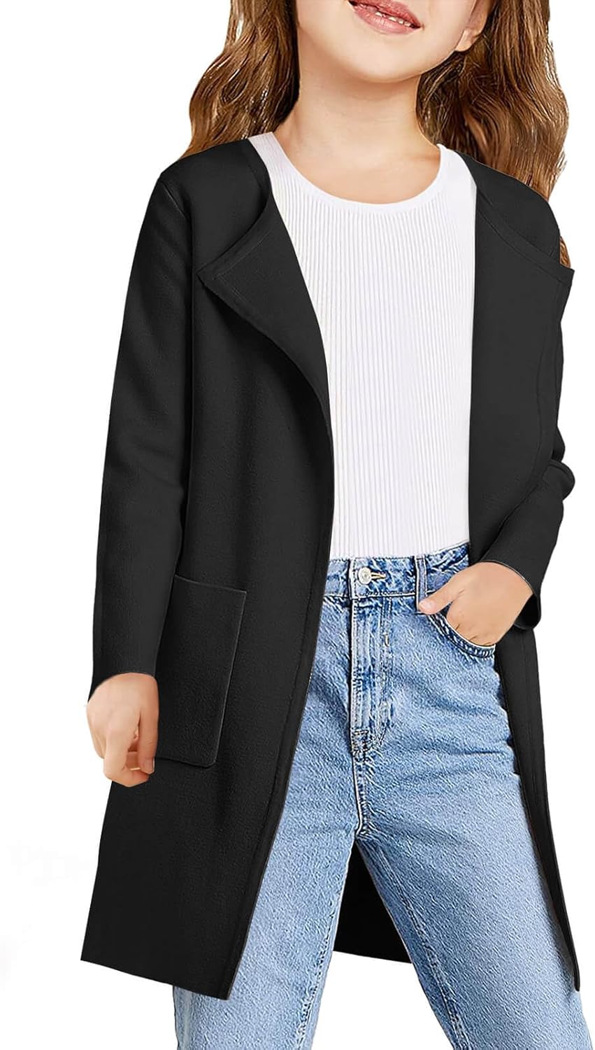 Haloumoning Girls Open Front Cardigan Casual Long Sleeve Knit Sweater Kids Fall Solid Cute Outerwear Coat 5-14Y